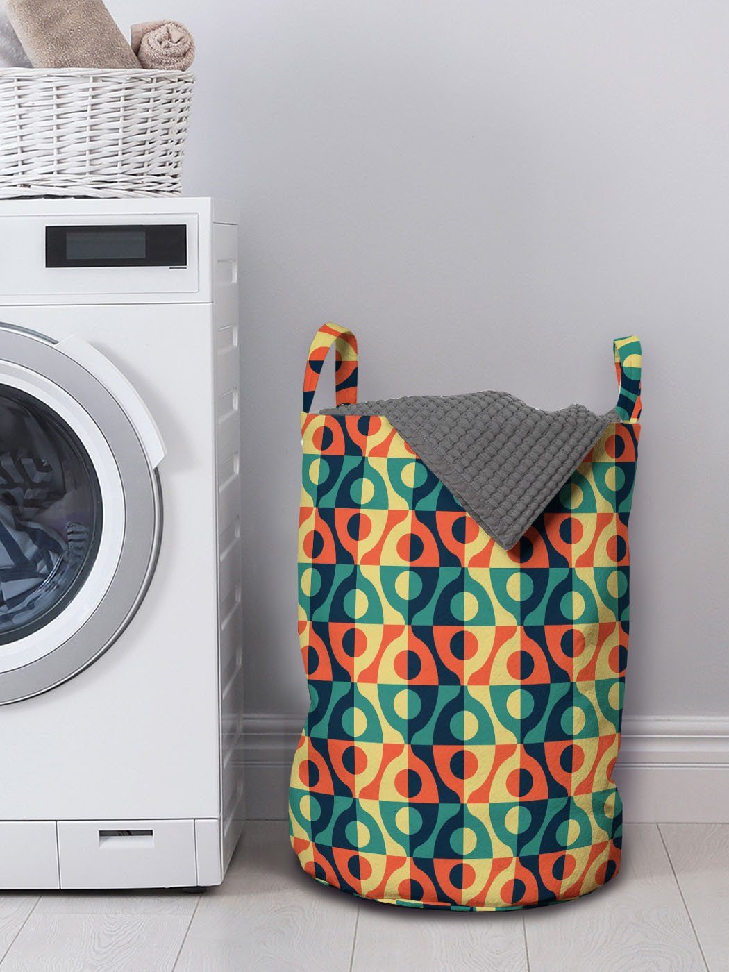 Rasterstil-Quadrat-Muster Kordelzugverschluss Waschsalons, Geometrisch Abakuhaus mit Wäschesäckchen Griffen für Wäschekorb