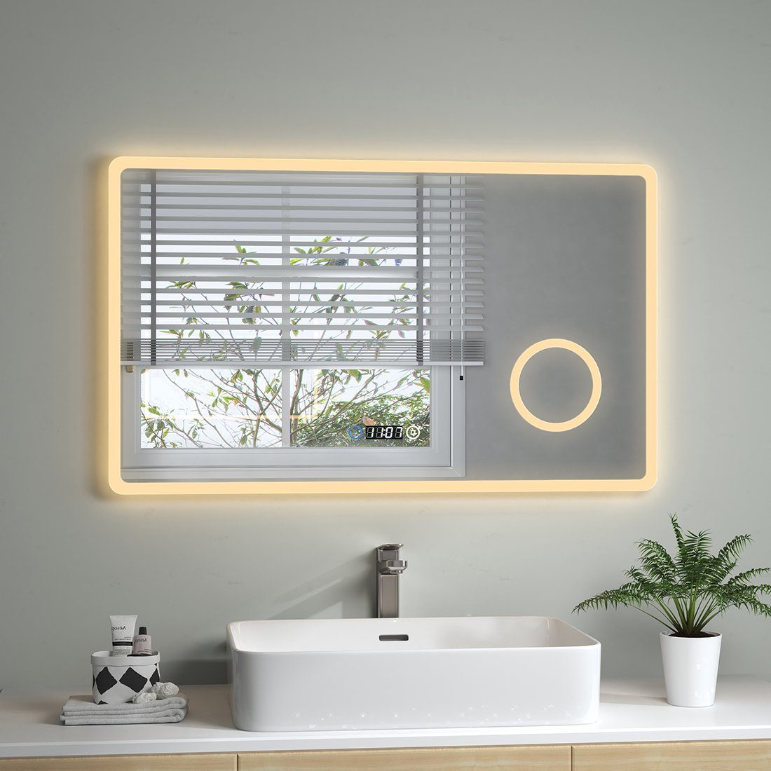 Badezimmerspiegel S'AFIELINA 100 Badspiegel Badspiegel Wandspiegel, LED cm,Touch-Schalter,Uhr,3 60 x Vergrößerung Lichtfarbe,3-Fach Beleuchtung mit