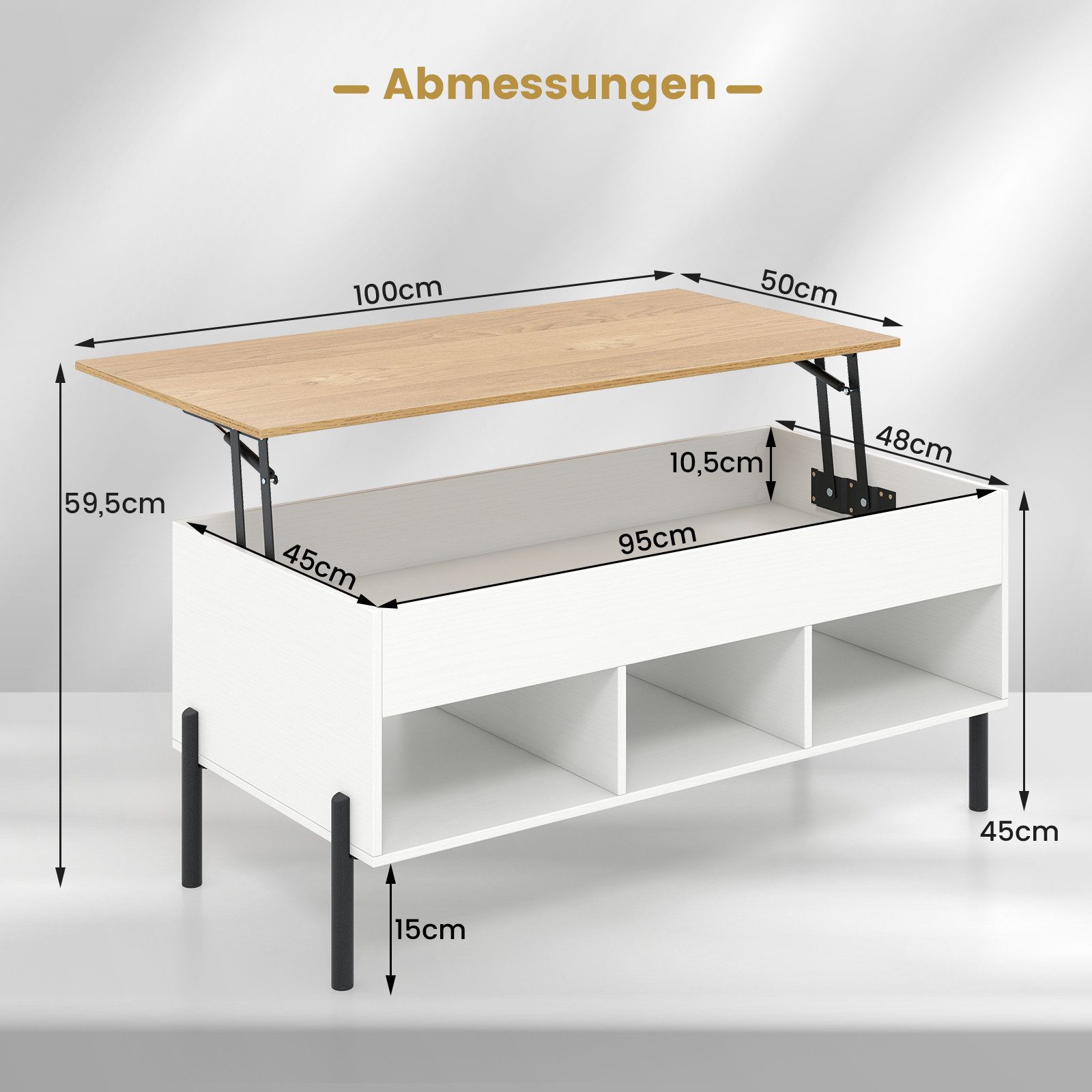 COSTWAY Couchtisch Wohnzimmertisch höhenverstellbar, mit Stauraum, Holz – Bild 5 von 5