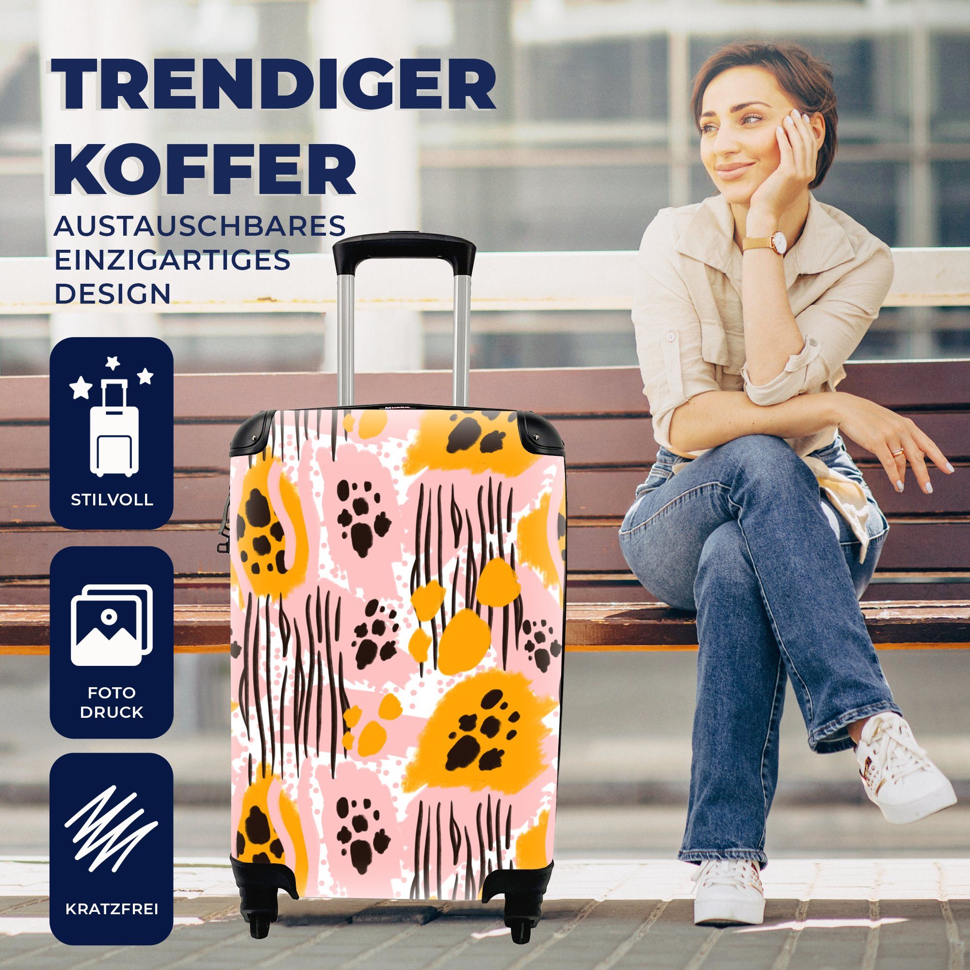 Reisekoffer Handgepäck - Rollen, 4 Rosa für Reisetasche - rollen, Ferien, Muster, mit Trolley, Handgepäckkoffer MuchoWow Orange