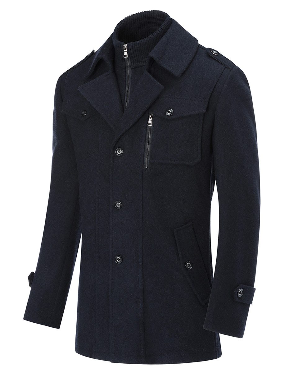 Allthemen Kurzmantel Herren Slim Fit Wollmantel mit abnehmbarem Doppelkragen Wintermantel