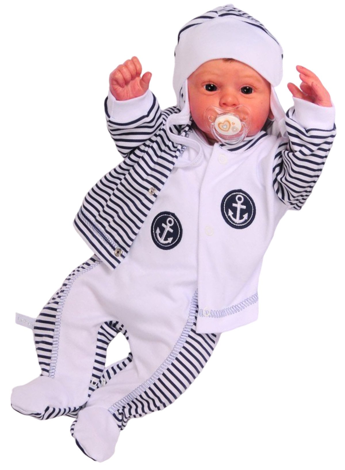 Strampler, Jäckchen & Mütze Strampler Mütze und Hemdchen Set Baby Anzug gestreift mit Anker
