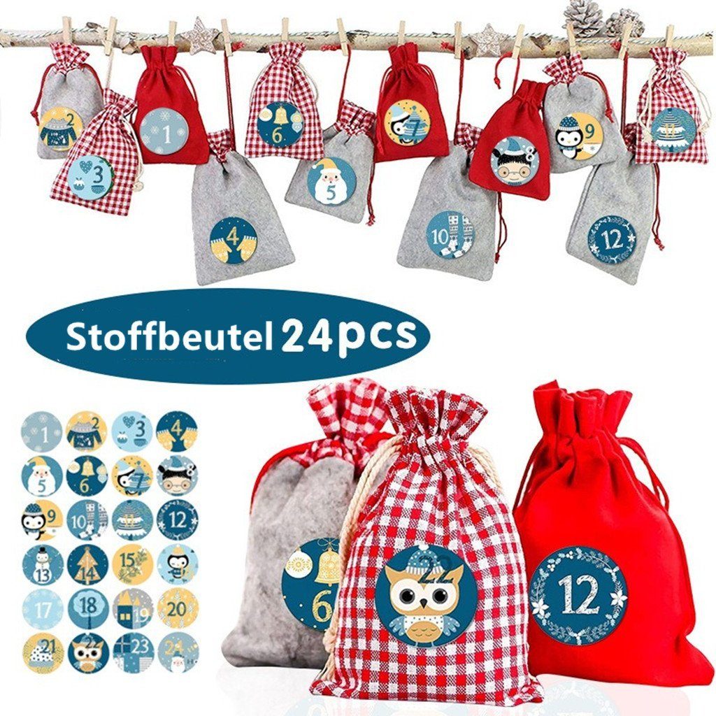 XDeer befüllbarer Adventskalender 24 Adventskalender Selber zum Befüllen,Adventskalender Säckchen, 24 Taschen Stoff Weihnachtskalender zum Aufhängen,Geschenke