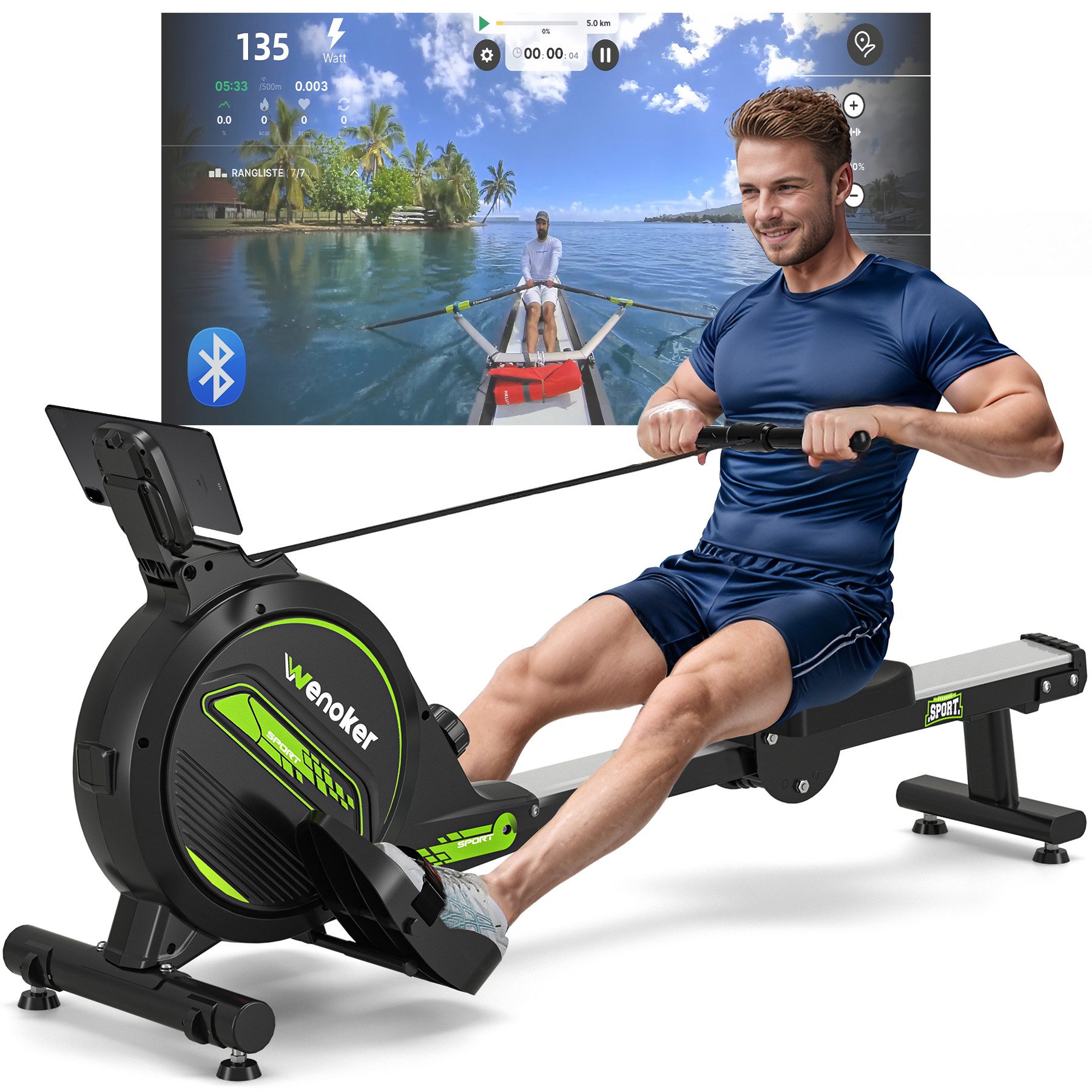 Wenoker Rudergerät Magnetisches Rudergerät mit Bluetooth-App und 16 Widerstandsstufen (Spar-Set, Montagewerkzeug, Rudergerät, Tablet-Halterung, LCD-Display), 16 Widerstandsstufen, App‑Verbindung, leises Magnetwiderstandssystem