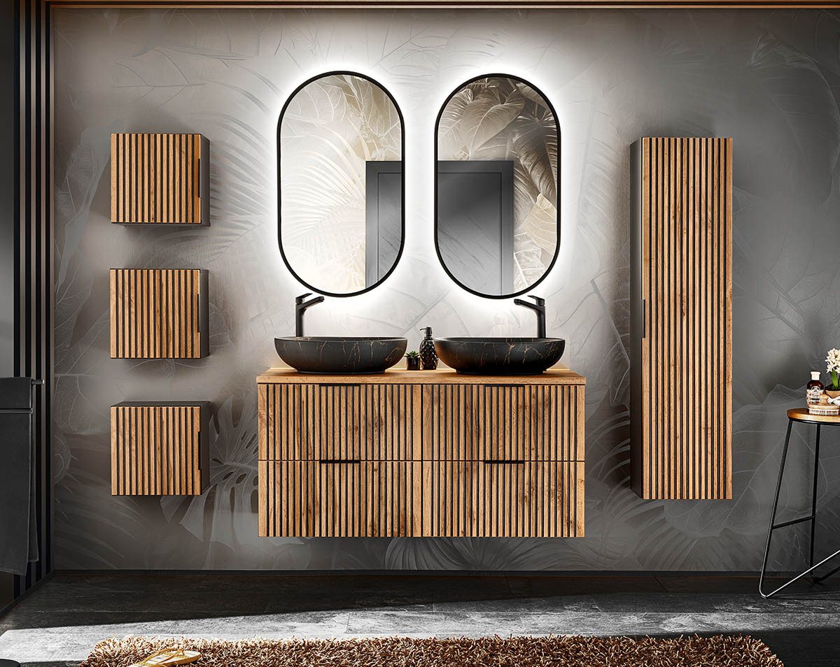 einfachgutemoebel Waschtisch-Set Bad Set 7-teilig TRIBUNE 120cm, Becken black, Schwarz - Wotan-Eiche, (Badmöbel Set, 1-St., Waschtisch SET 7-teilig)