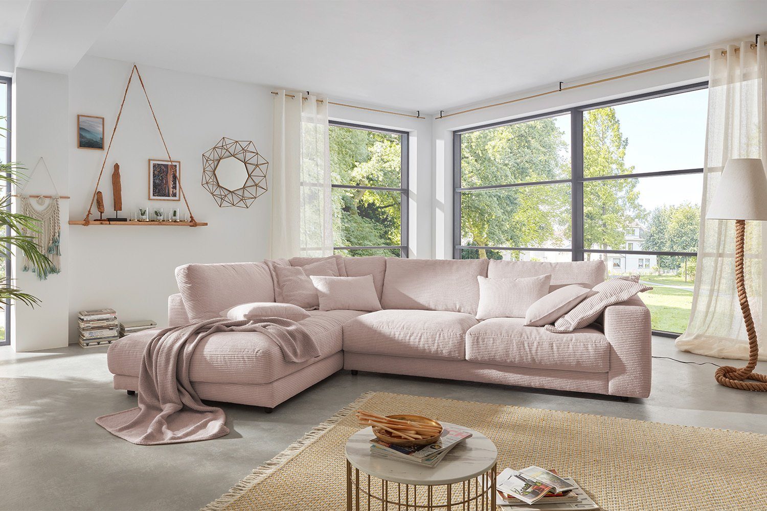 KAWOLA Ecksofa MADELINE, links, rechts rosa Cord, versch. Farben od. Recamiere Sofa