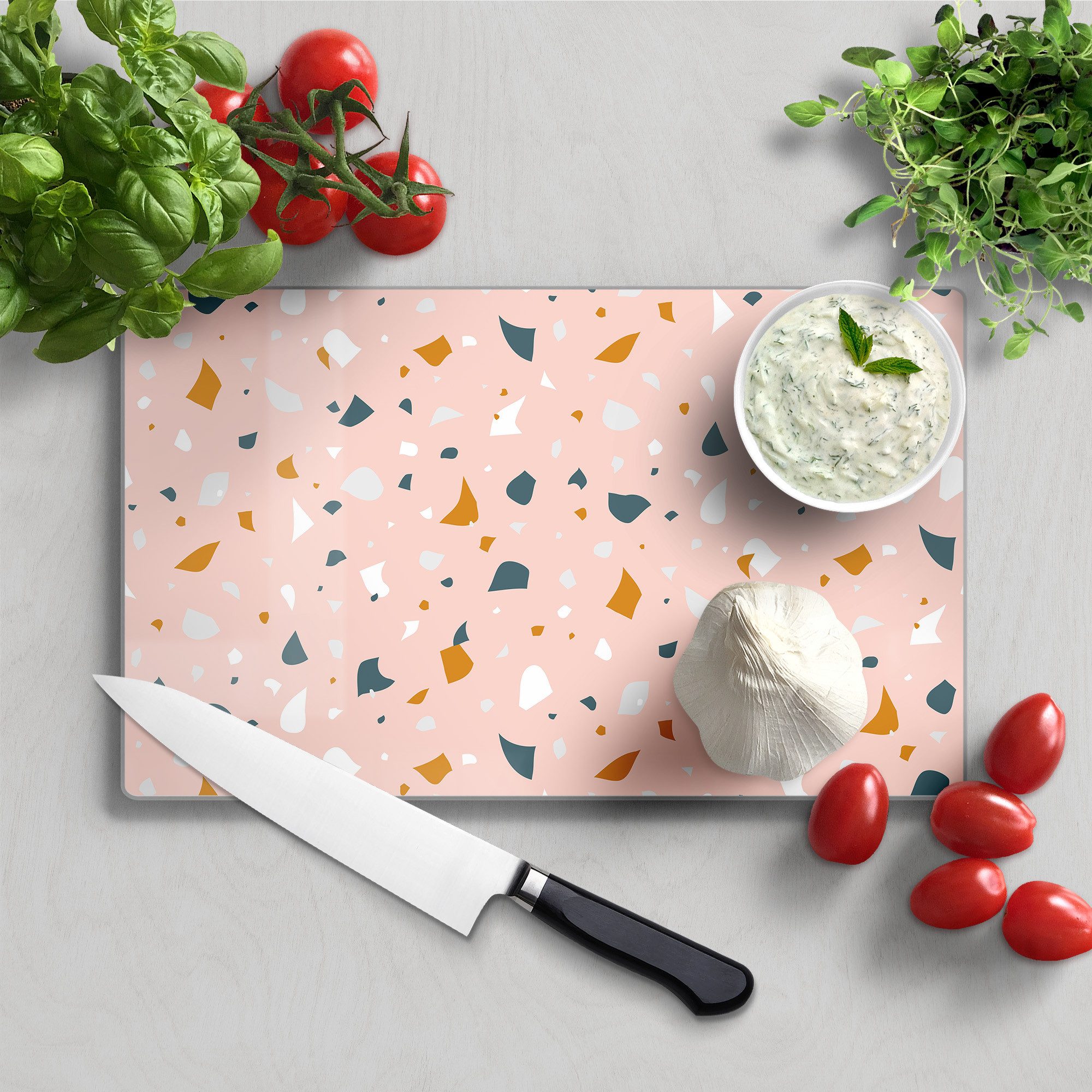 DEQORI Schneidebrett 'Rosa Terrazzo-Zauber', Glas, Platte Frühstücksbrett Schneideplatte