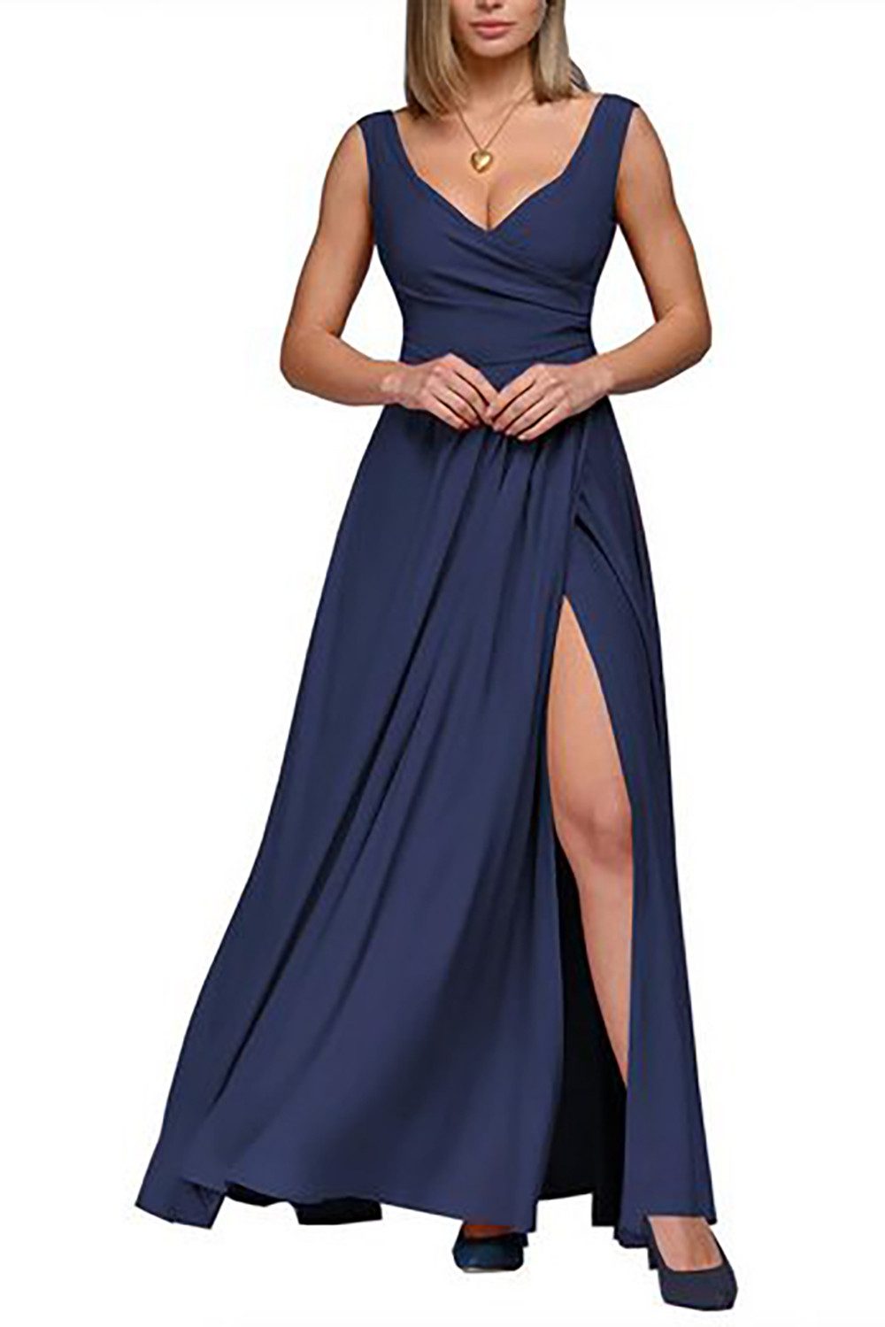 BlauWave Abendkleid Damen abendkleider,Langes Kleid,Taillenkleid,ärmelloses,V-Ausschnitt (1-tlg) Elegant,Einfarbiges