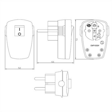 Bachmann Schutzkontaktstecker Stromadapter, 0 cm, schwarz flach Wippschalter 2-p