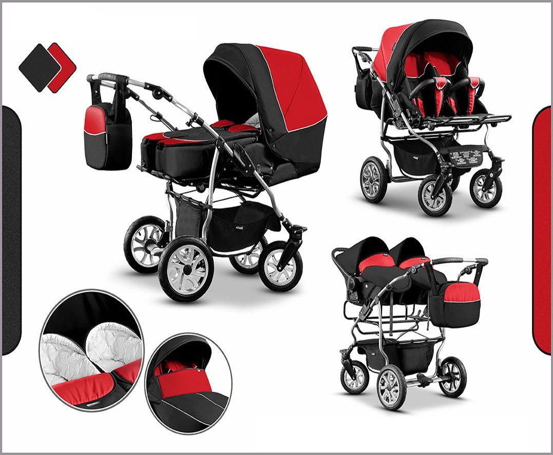 Elcar Zwillings-Kombikinderwagen Zwillingskinderwagen 3 in Duet 1 15 in Farben 20 Schwarz-Rot - Teile 