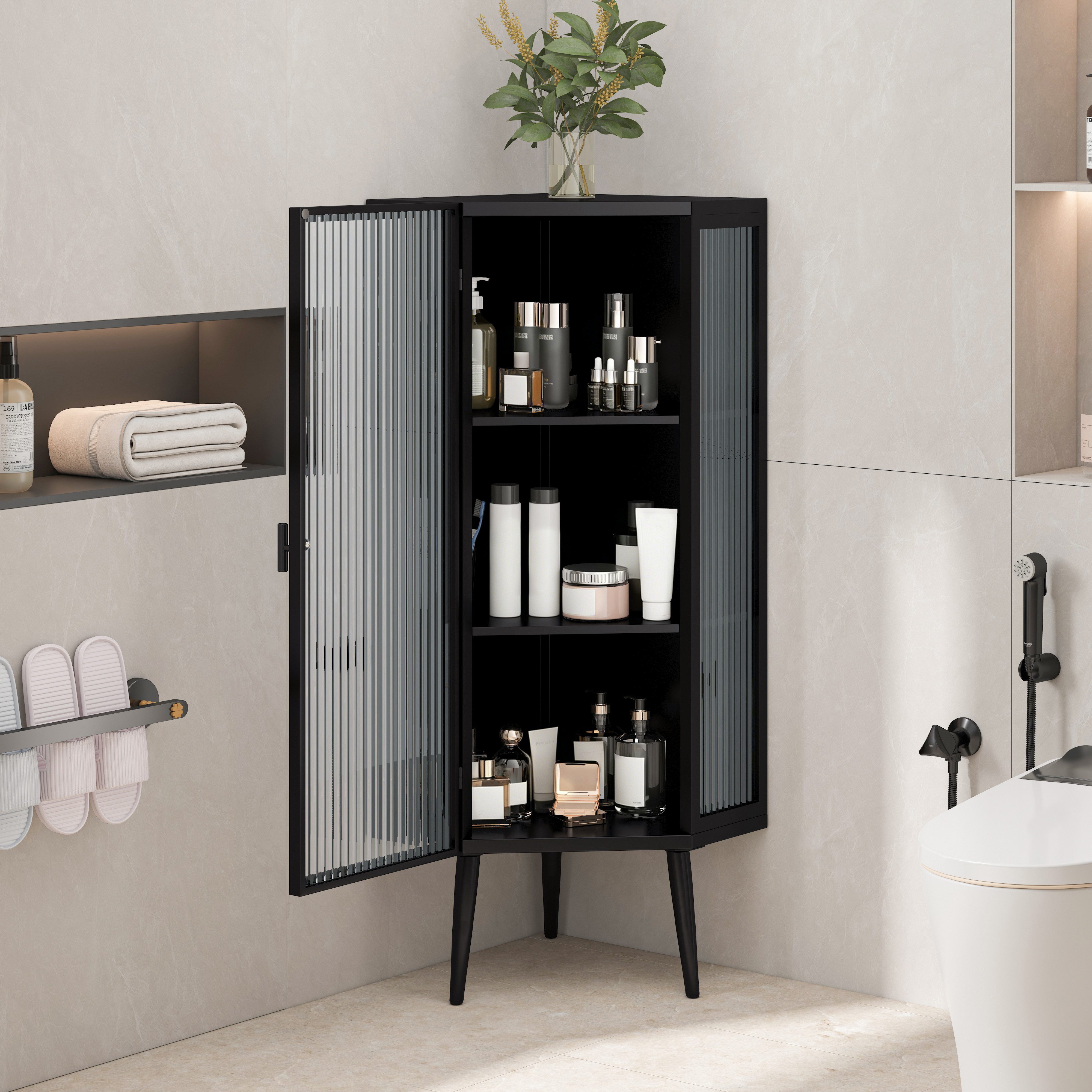 Celya Eckregal Eck-Unterschrank mit Tür aus gehärtetem Glas und verstellbarem Regal, für Badezimmer, Wohnzimmer, Schlafzimmer,Schwarz – Bild 4 von 5