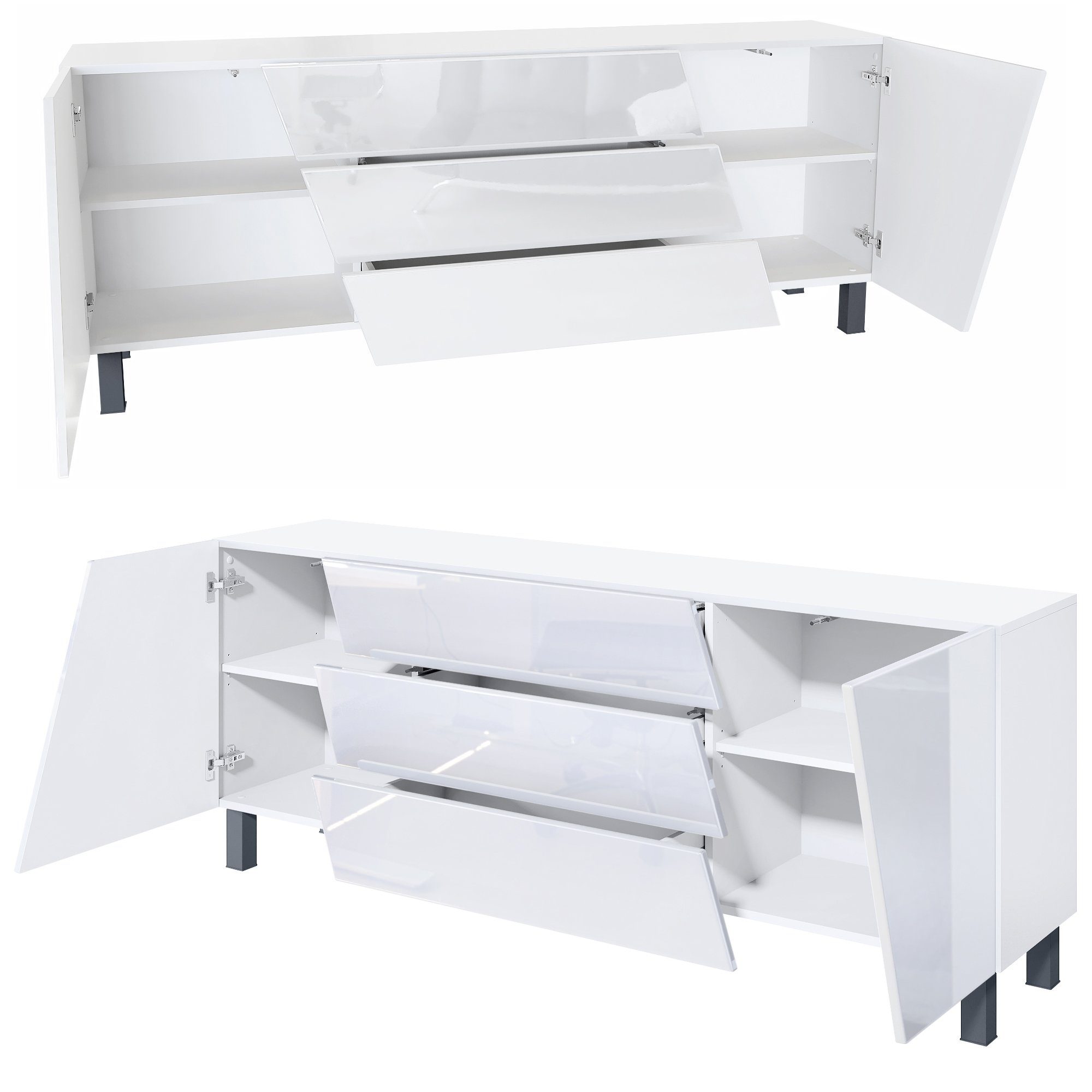 Vladon Sideboard Houston (Kommode, mit 2 Türen und 3 Schubladen), Weiß matt/Weiß Hochglanz (178 x 57,5 x 38,5 cm)