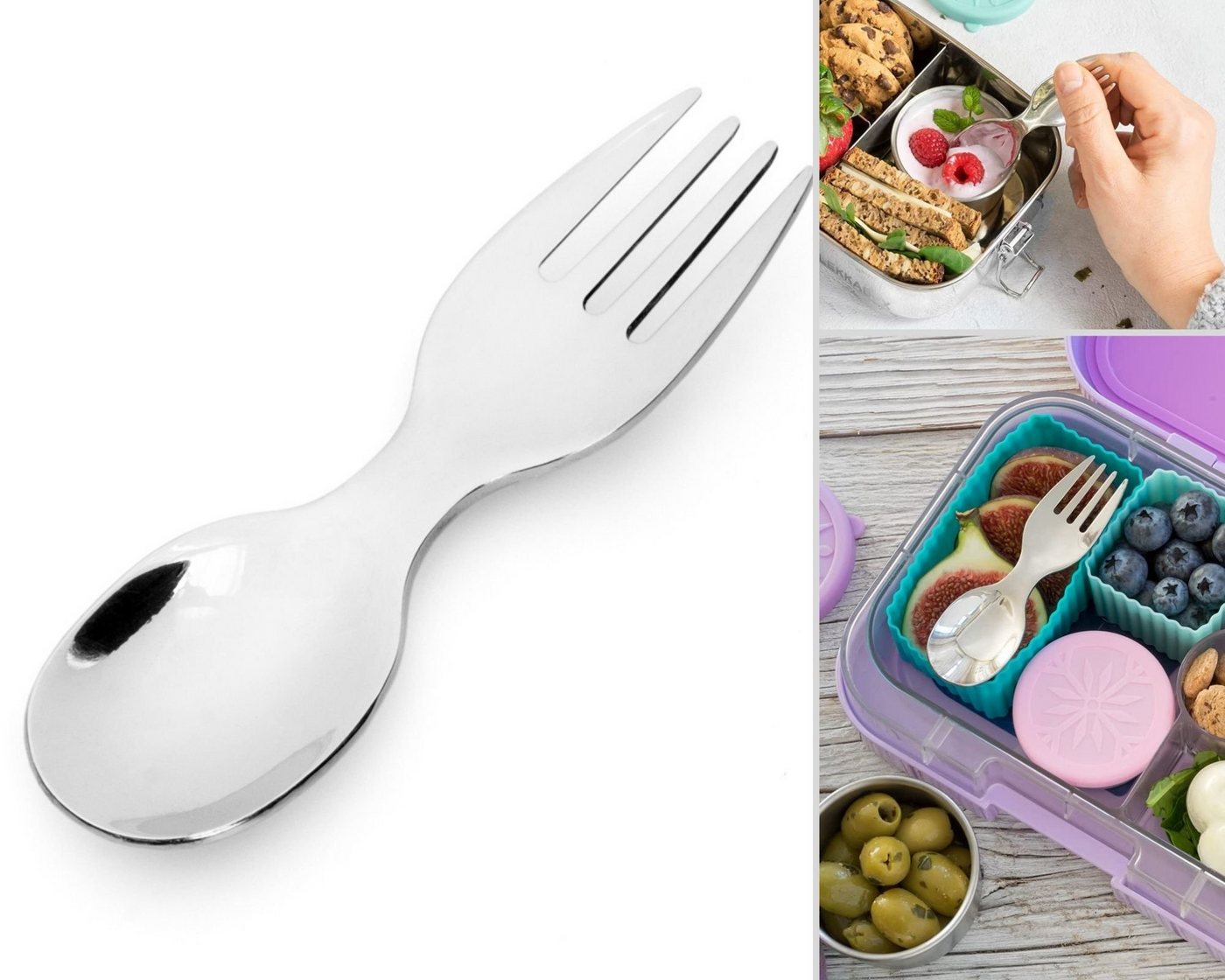 LEKKABOX Campinglöffel Mini Edelstahl Göffel, 10cm - Gabel Löffel Spork klein Kinder Brotdose, Extra klein, nur 10 cm lang – passt in jede Brotdose