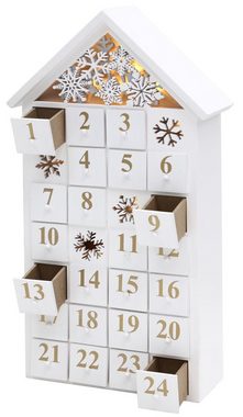 BRUBAKER befüllbarer Adventskalender Weihnachtskalender zum Befüllen mit LED-Beleuchtung - Wiederverwendbar, Holz Kalender - Schneehaus Weiß - 24,3 x 45 x 8 cm