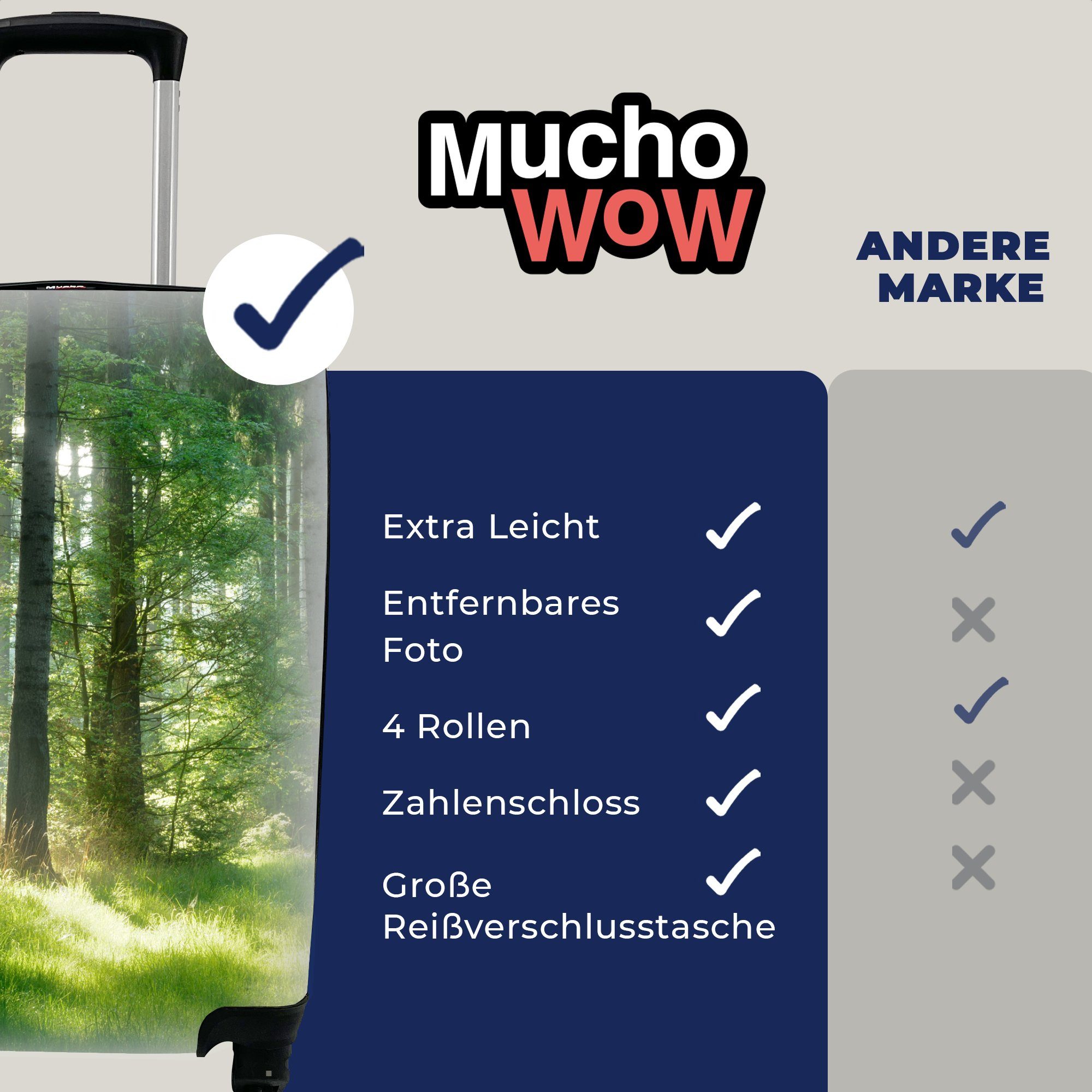 MuchoWow Handgepäckkoffer Natur - Bäume 4 - Handgepäck - - Wald - mit Gras Trolley, Ferien, Rollen, Sonne Reisekoffer Pflanzen, - Grün für Reisetasche rollen