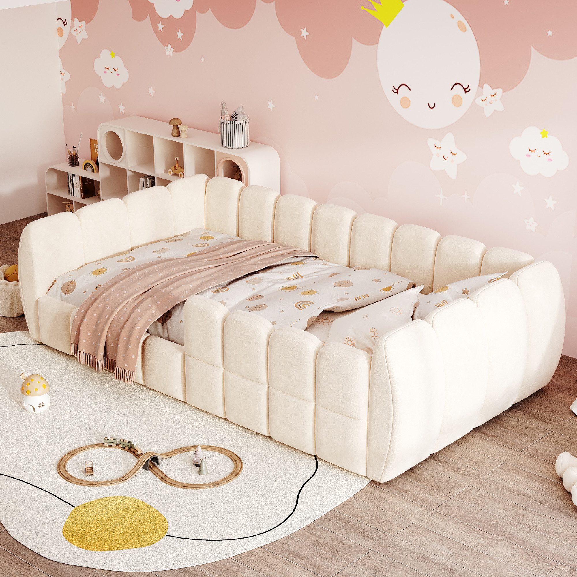 Celya Polsterbett Gepolstertes Kinder-Bodenbett, Samtbezug (Ohne Matratze, komplett geschlossenes Design, abgerundete Ecken), geeignet für Kinder-, Kleinkind- und Jugendzimmer