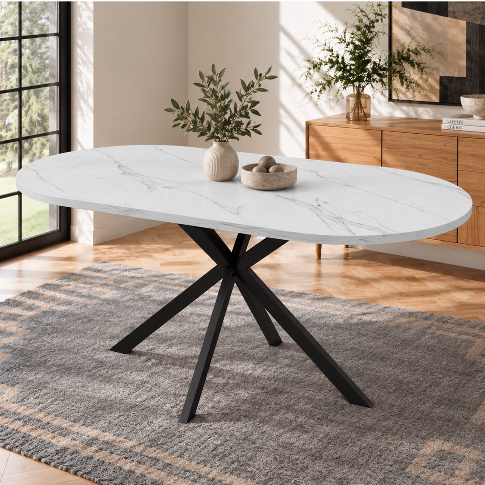 Flieks Esstisch ovaler Küchentisch mit ausziehbarer Tischplatten, Metallbeine (verstellbare Länge 120-160xT80xH75,5 cm, 1-St., 1 Tisch), Esszimmertisch erweiterbar Kulissentisch Arbeitstisch Marmoroptik Weiß