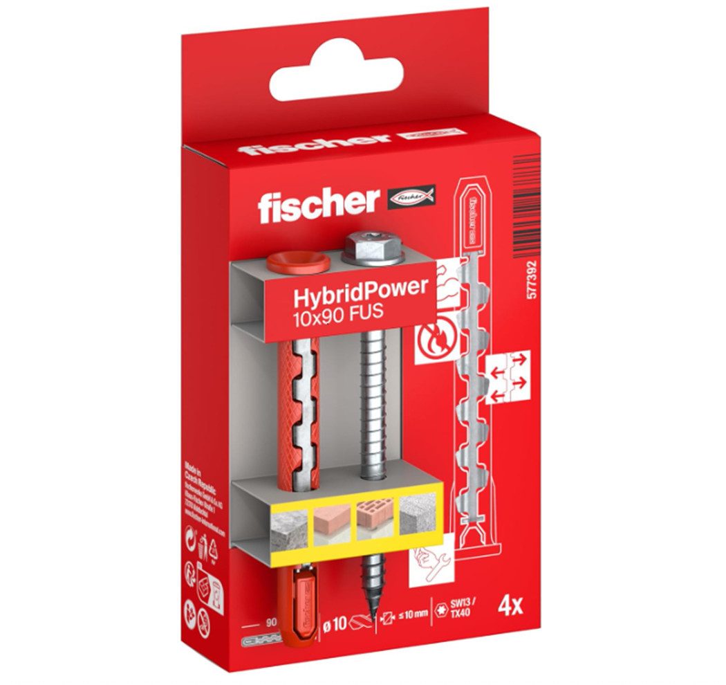 fischer Porenbetondübel HybridPower 10x90 FUS Sechskantschraube + Dübel, (4-tlg)