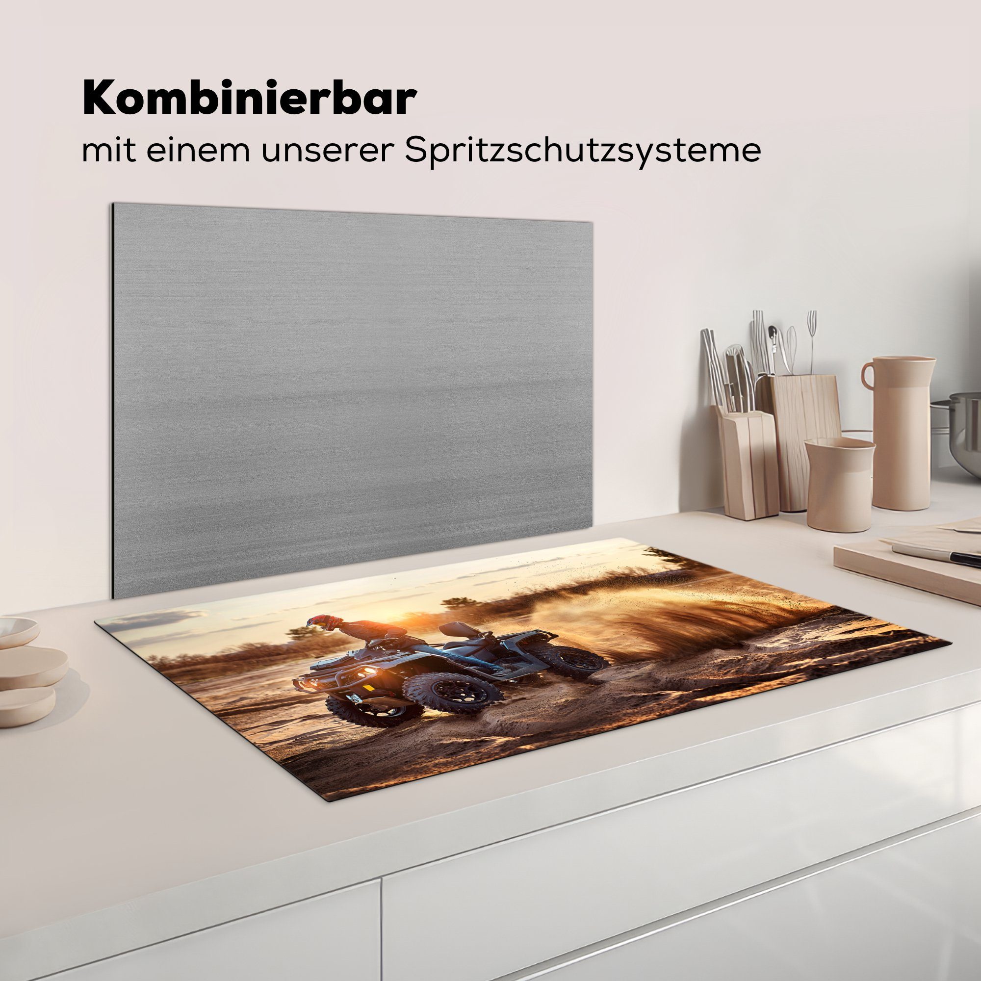 - Vinyl, Herdblende-/Abdeckplatte (1 MuchoWow für Ceranfeldabdeckung, tlg), Rennen - Arbeitsplatte cm, 83x51 Düne, Kinder-Quad küche