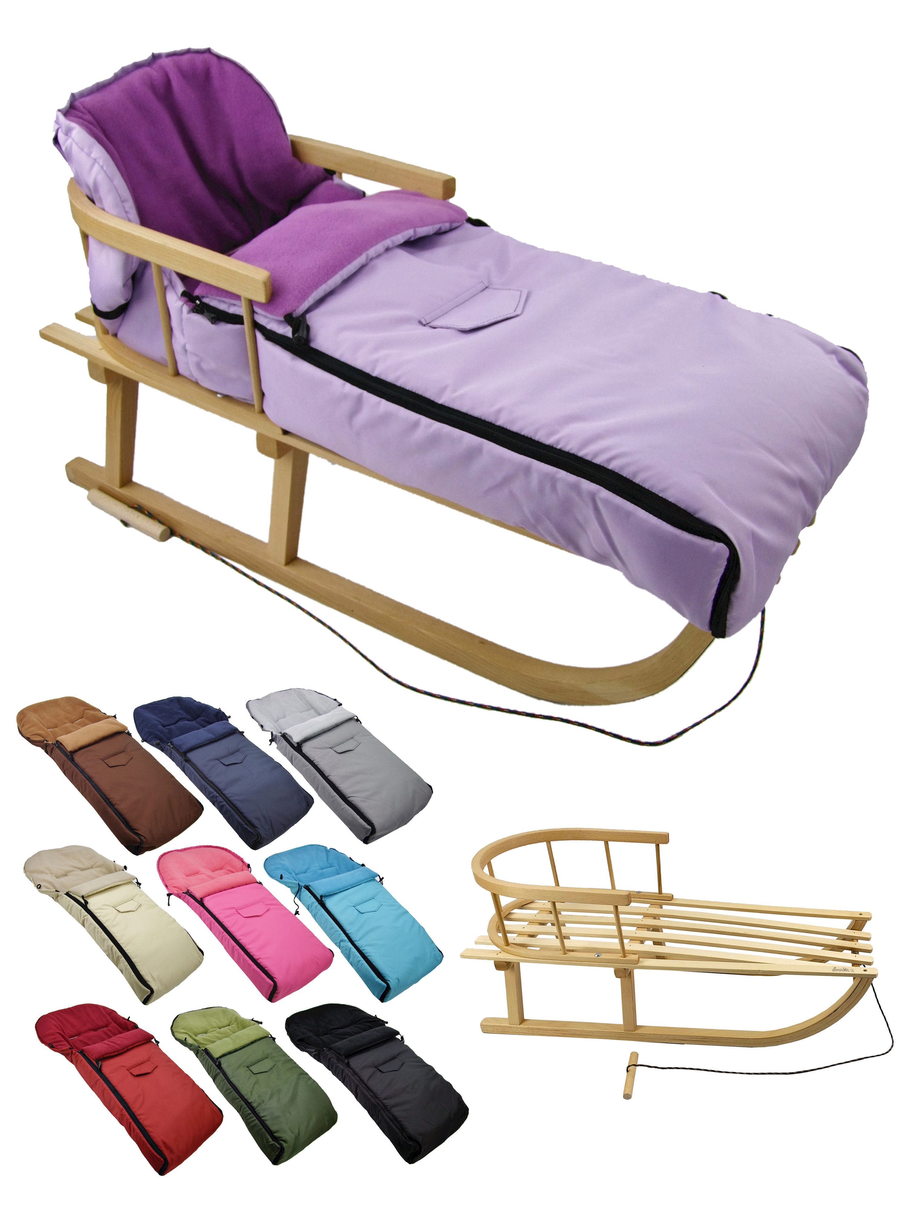BambiniWelt by Rafael K. Davoser Санки CE-HOLZSCHLITTEN mit Rückenlehne Zugleine + WINTERFUßSACK Fleece 108cm