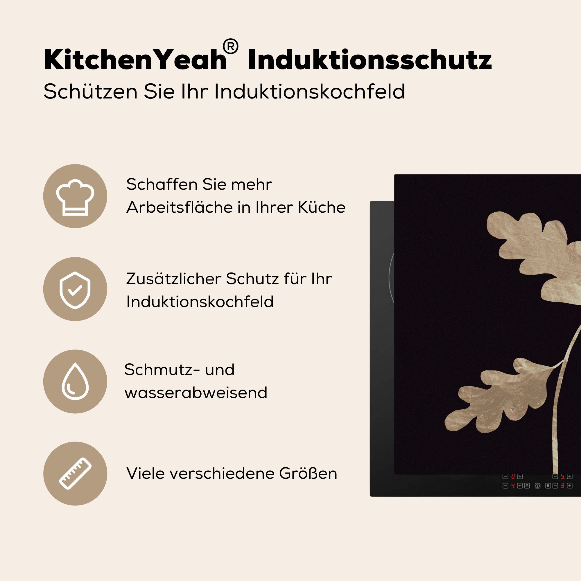 MuchoWow Herdblende-/Abdeckplatte Blätter - Gold Ceranfeldabdeckung Luxus, cm, (1 - Induktionskochfeld, Induktionsschutz, 59x51 tlg), Vinyl
