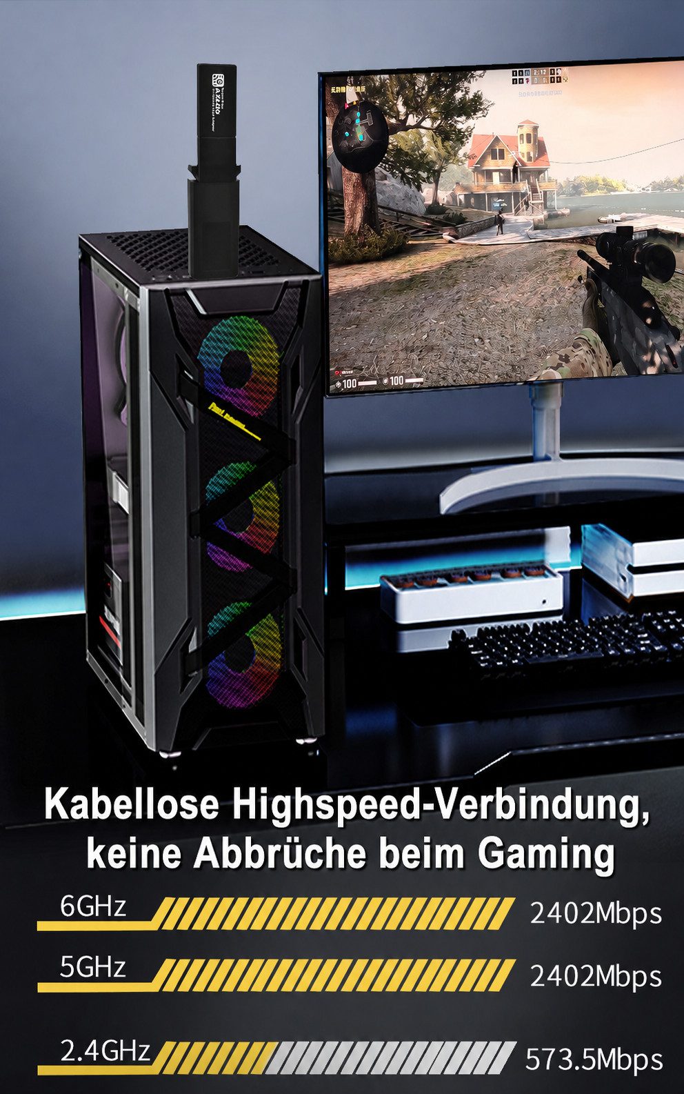 Forrlite WLAN-Stick AX5400 WLAN Adapter PC WiFi 6 Dualband,WLAN Stick für PC, 5GHz/2,4GHz mit Dual-5dBi-Antennen, WPS & Plug Play für Windows 10/11 – Bild 5 von 5
