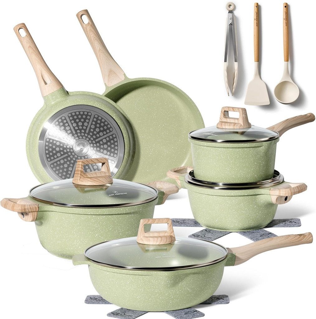Just Perfecto Topf-Set Just Perfecto JL-787: 15-teiliges Kochgeschirr-Set aus Granit Grün