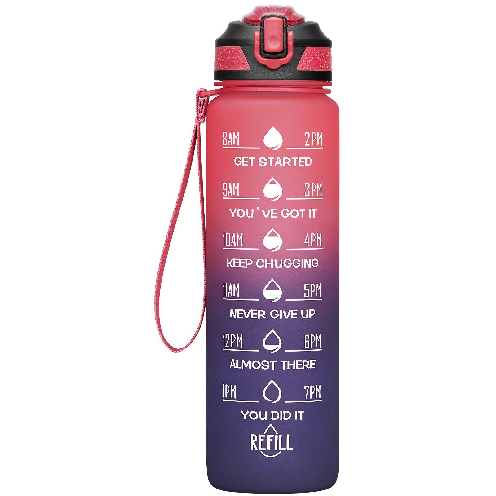 WISHDOR Trinkflasche Sport Wasserflasche Sportflasche Auslaufsicher 1 Liter BPA-Frei 1L, Zeitmarkierung und Strohhalm Fitness Outdoor Camping Fahrrad Wandern Rot/Dunkellila