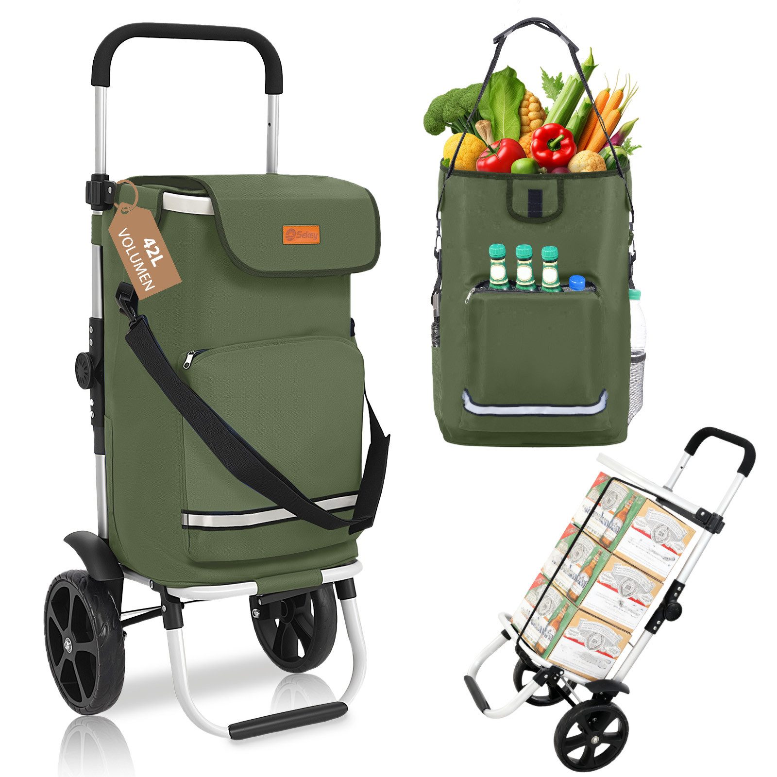 Sekey Einkaufstrolley 3-in-1 mit Kühlfach und Spanngurt, Faltbarer Einkaufswagen 42L & 35kg, 3-in-1 Trolley, Sackkarre & Umhängetasche, Ideal für Einkäufe