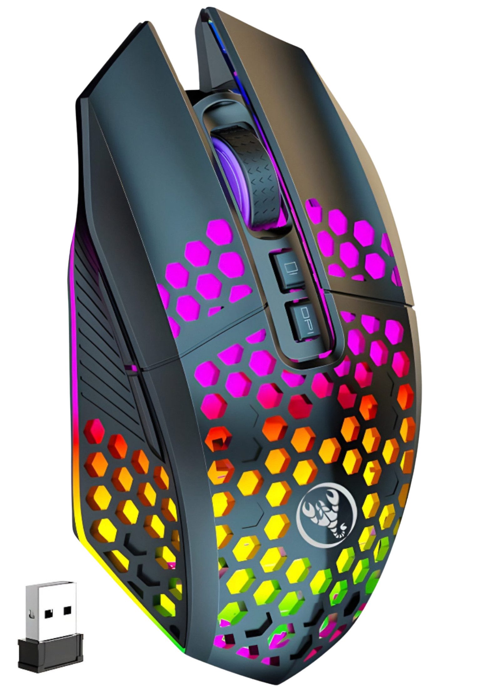 S&T Design RGB Gaming Maus Kabellos Wireless Leise Weiß Schwarz USB Gaming-Maus (Funk, 7 Tasten / Zurück zum Desktop / DPI Einstellbar / PC Laptop)