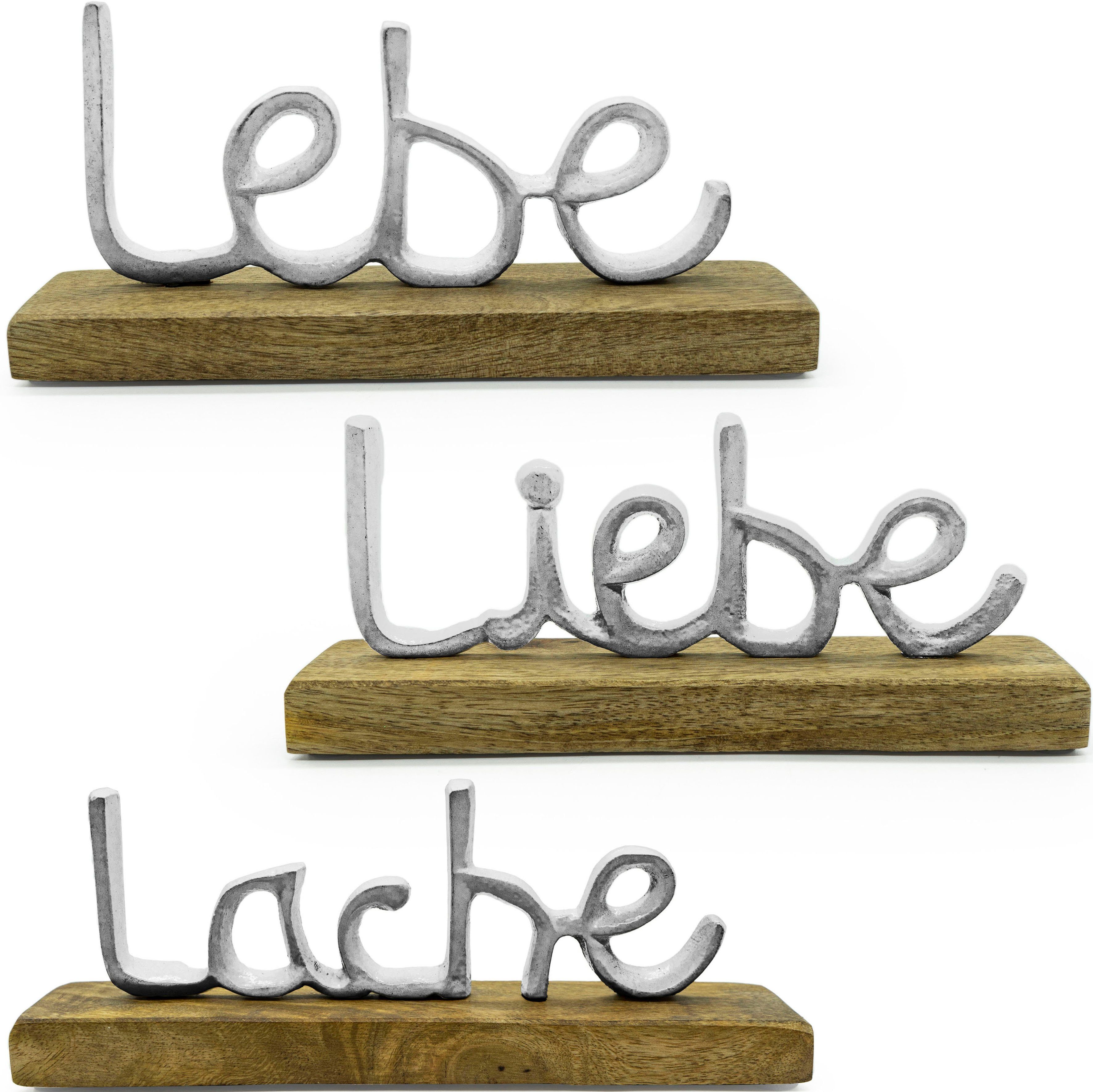 NOOR Lache Deko-Schriftzug St), silberfarben Liebe, Lebe, (3 LIVING aus Aluminium und Holz