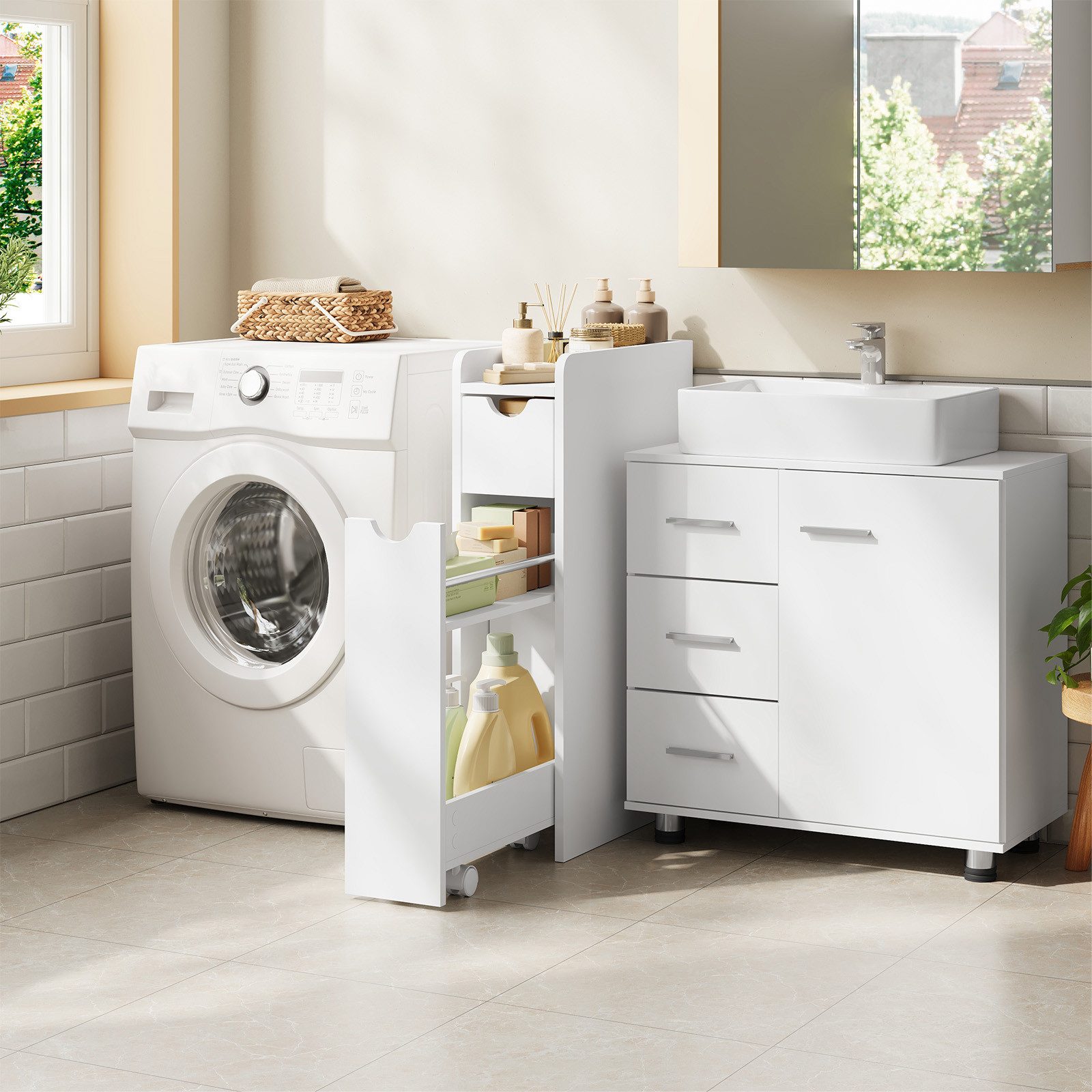 EUGAD Badkommode (1 St), Badezimmerschrank klein schmal mit Schublade auf Rollen