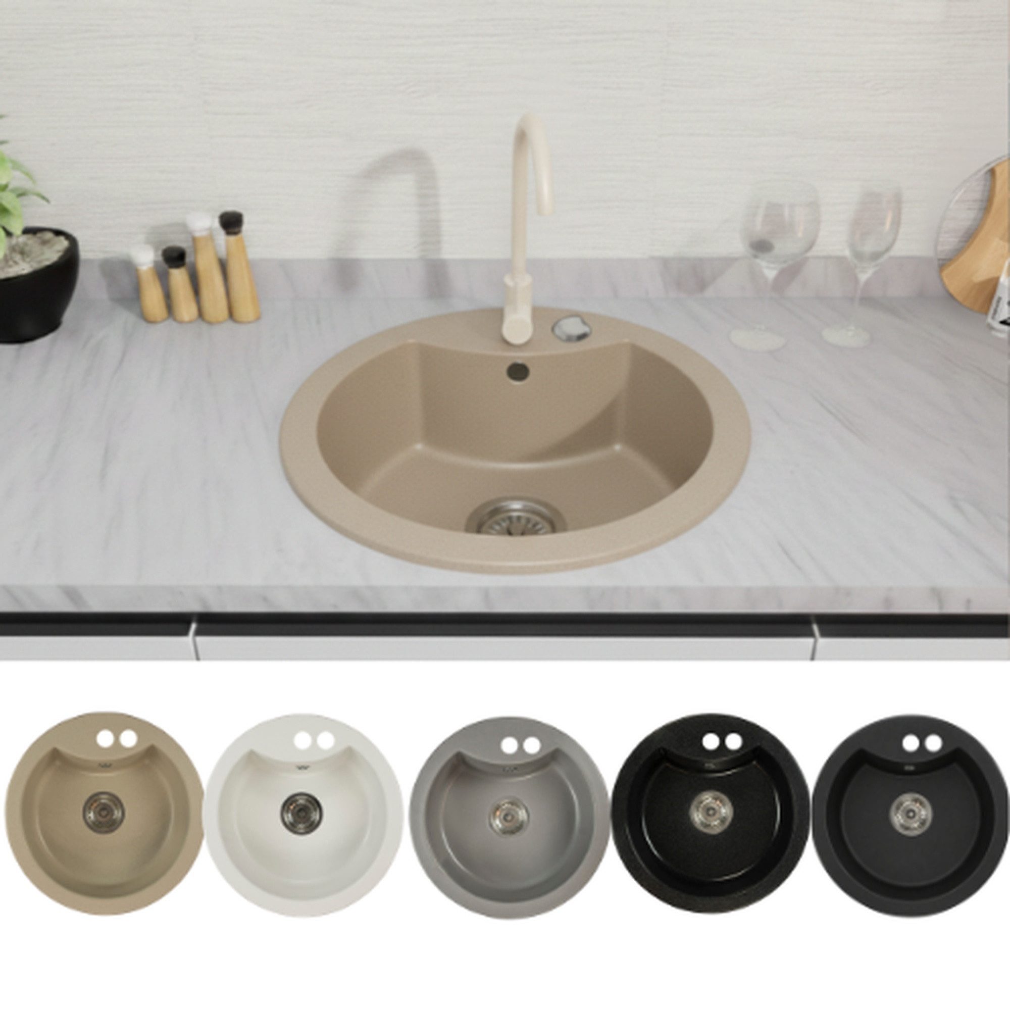 Faizee Möbel Granitspüle Granit Spüle Einbauspüle rund Spülbecken+Drehexcenter+Siphon 49cm, Rund