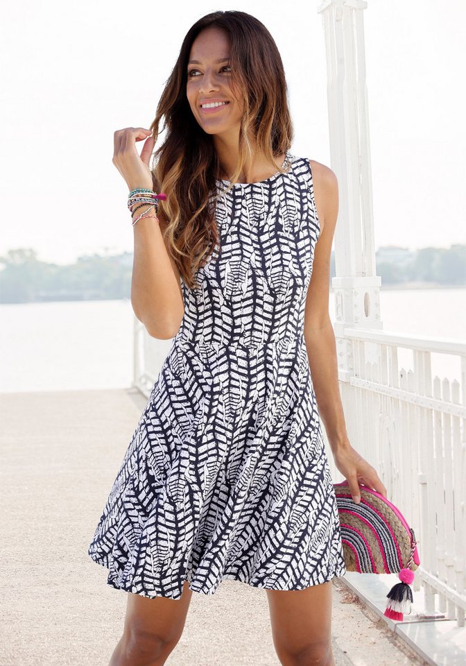 Beachtime by Lascana Jerseykleid mit Animaldruck, Sommerkleid aus elastischer Baumwolle, Minikleid Strandkleid, Druckkleid mit ausgestelltem Rockteil, A-Linien-Kleid