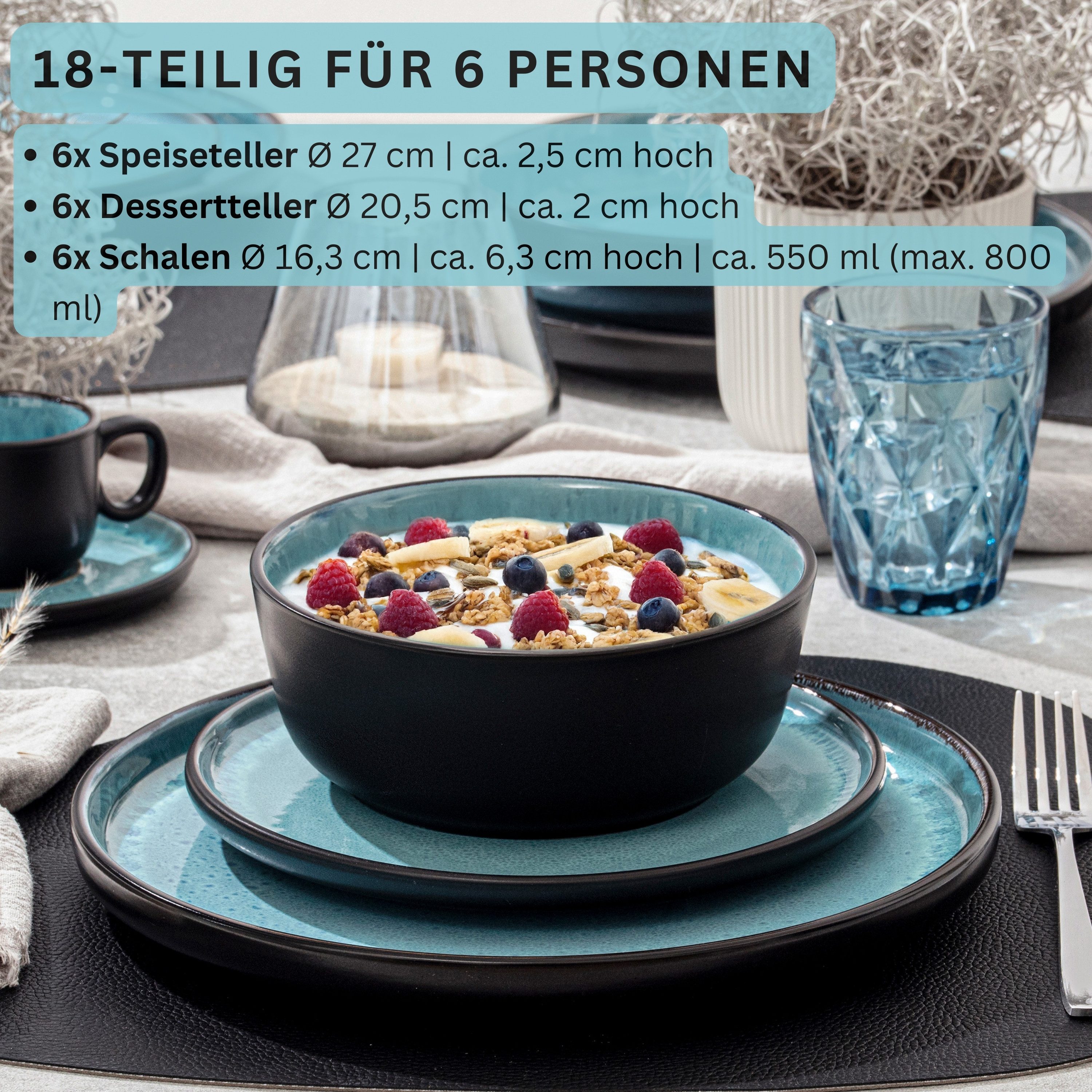SÄNGER Tafelservice Granada Geschirrset (18-tlg), 6 Personen, Steingut, Blau, Handmade, Erweiterbar, VALUE COLLECTION