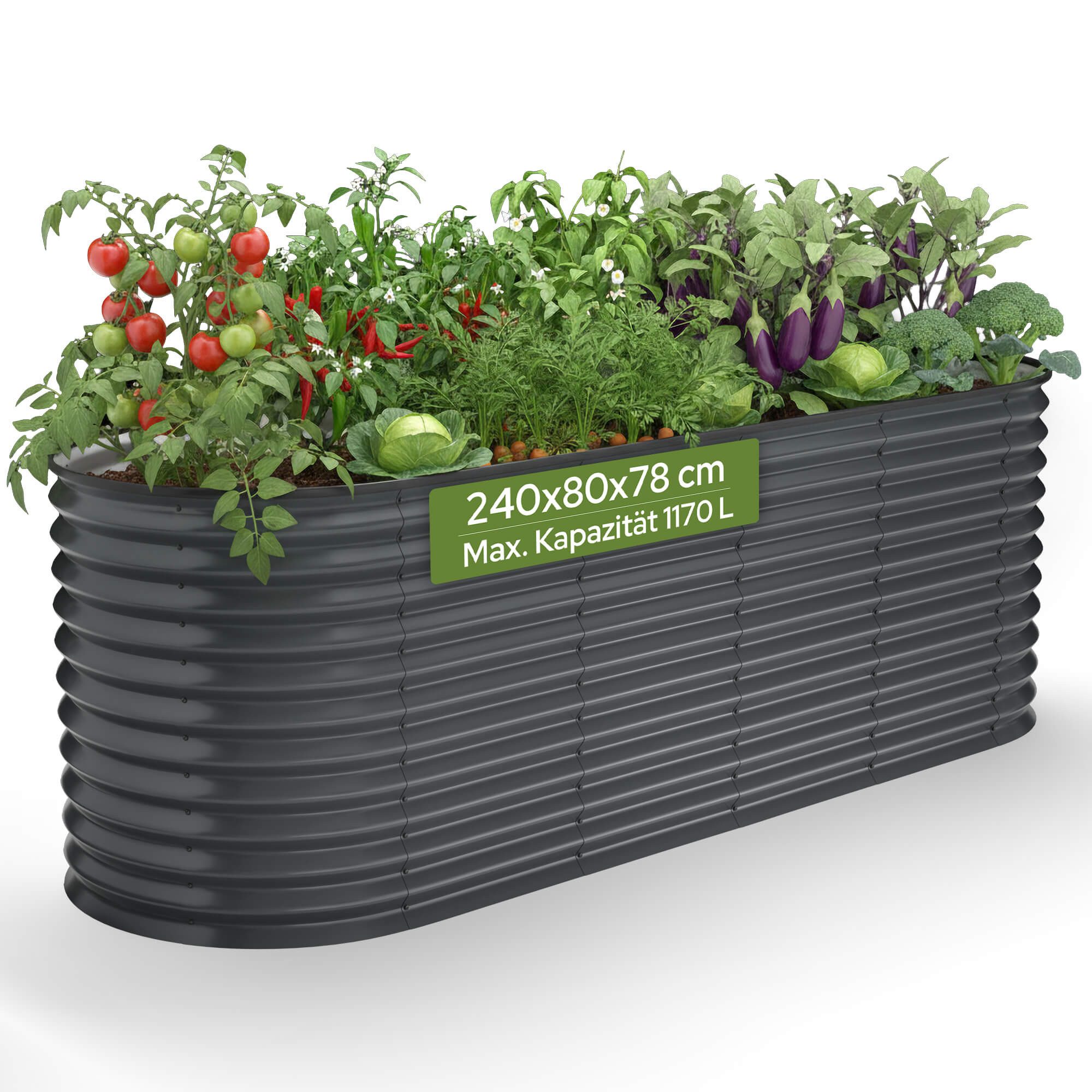 Arebos Hochbeet Metall Oval 240x80x78cm Gartenbeet für Gemüse, Kräuter & Blumen 1170L (Witterungs- & UV-beständig, Rostresistenter verzinkter Stahl, Kantenschutz aus Gummi), Rostresistent & UV-beständig, leicht zu reinigen,Gummikanten geschützt