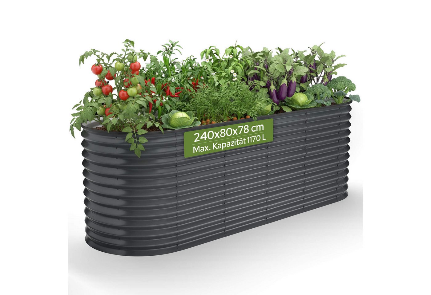 Arebos Hochbeet Metall Oval 240x80x78cm Gartenbeet für Gemüse, Kräuter & Blumen 1170L (Witterungs- & UV-beständig, Rostresistenter verzinkter Stahl, Kantenschutz aus Gummi), Rostresistent & UV-beständig, leicht zu reinigen,Gummikanten geschützt