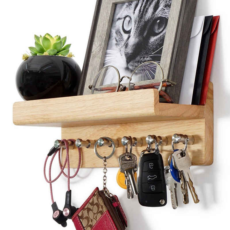 HAUSIST Schlüsselbrett »Schlüsselbrett Holz mit Ablage Schlüsselhalter Schlüsselboard«, aus Holz mit 6 Edelstahlhaken