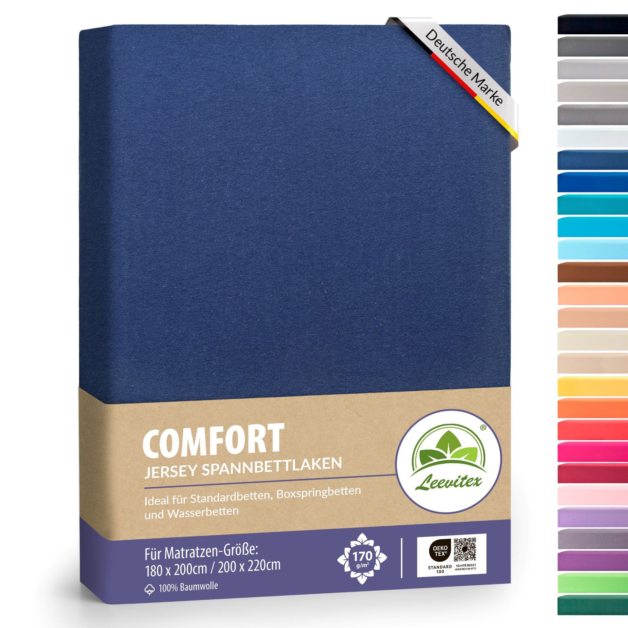 leevitex® Spannbettlaken verschiedene Größen, Stoffgewicht 170 g/m², 40 cm Steghöhe, Jersey, Gummizug: rundum, (1 Stück), verschiedene Farben, OEKO-TEX® STANDARD 100 zertifiziert