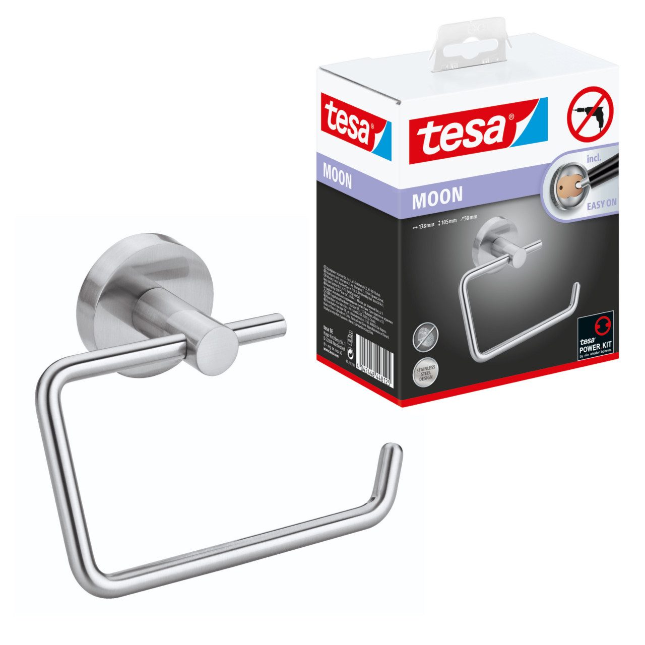 tesa Toilettenpapierhalter MOON Toilettenrollenhalter ohne Bohren - 10,5 cm : 13,8 cm : 5 cm (Packung, 1-St., inkl. Klebelösung), selbstklebende WC-Rollenhalter - Edelstahl - silber matt