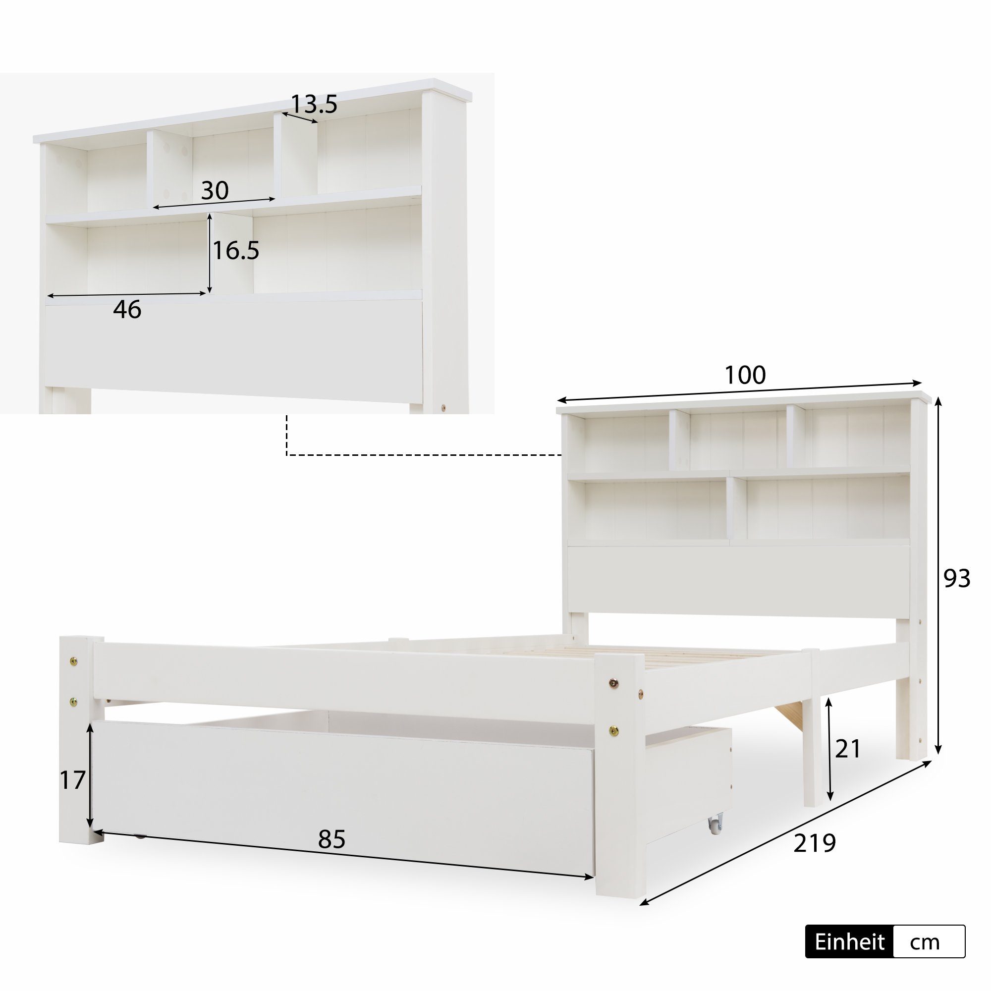Kiefer-Massivholz+MDF mit Bücherregal (1-tlg., BlingBin Einzelbett und Jugendbett Lattenrost, 90x200cm), Schubladen