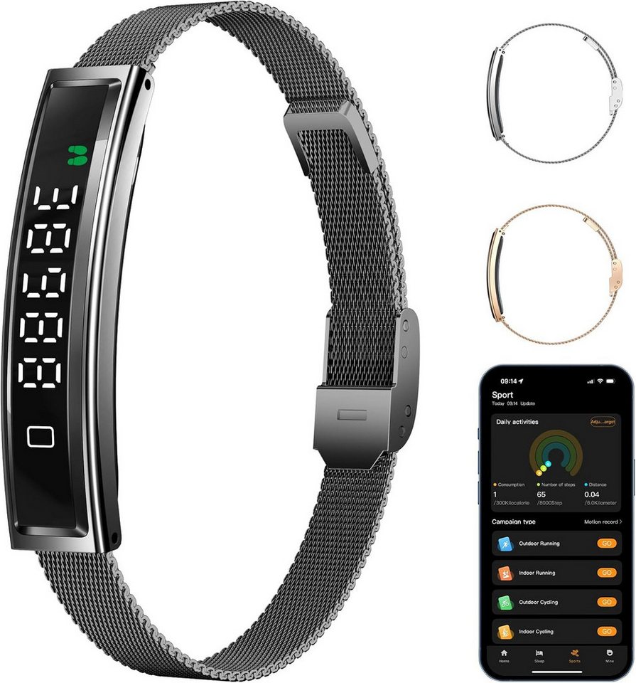 MOPUEA Fitness-Tracker Fitness Tracker Armband Herzfrequenz Schlafanalyse 12 Sportmodi (Fitnessarmband Set mit Wechselarmbändern, Smartband mit Metall Mesh und Silikonarmband inklusive), 12 Sportmodi Schlafanalyse Anrufanzeige App Verbindung
