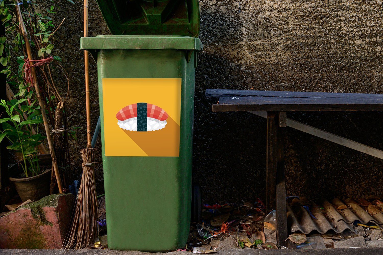 MuchoWow Wandsticker Sushi Illustration mit Sticker, auf St), Hintergrund gelbem Container, Mülltonne, Mülleimer-aufkleber, (1 Schatten Abfalbehälter