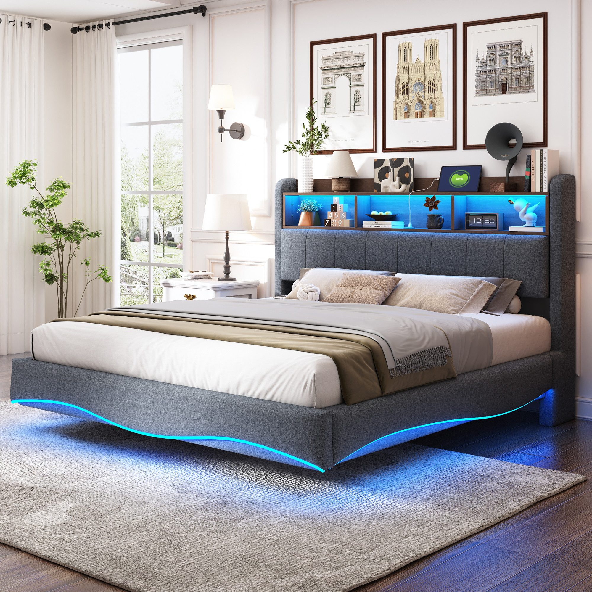 Flieks Polsterbett, LED Schwebebett Stauraumbett Doppelbett günstig online kaufen