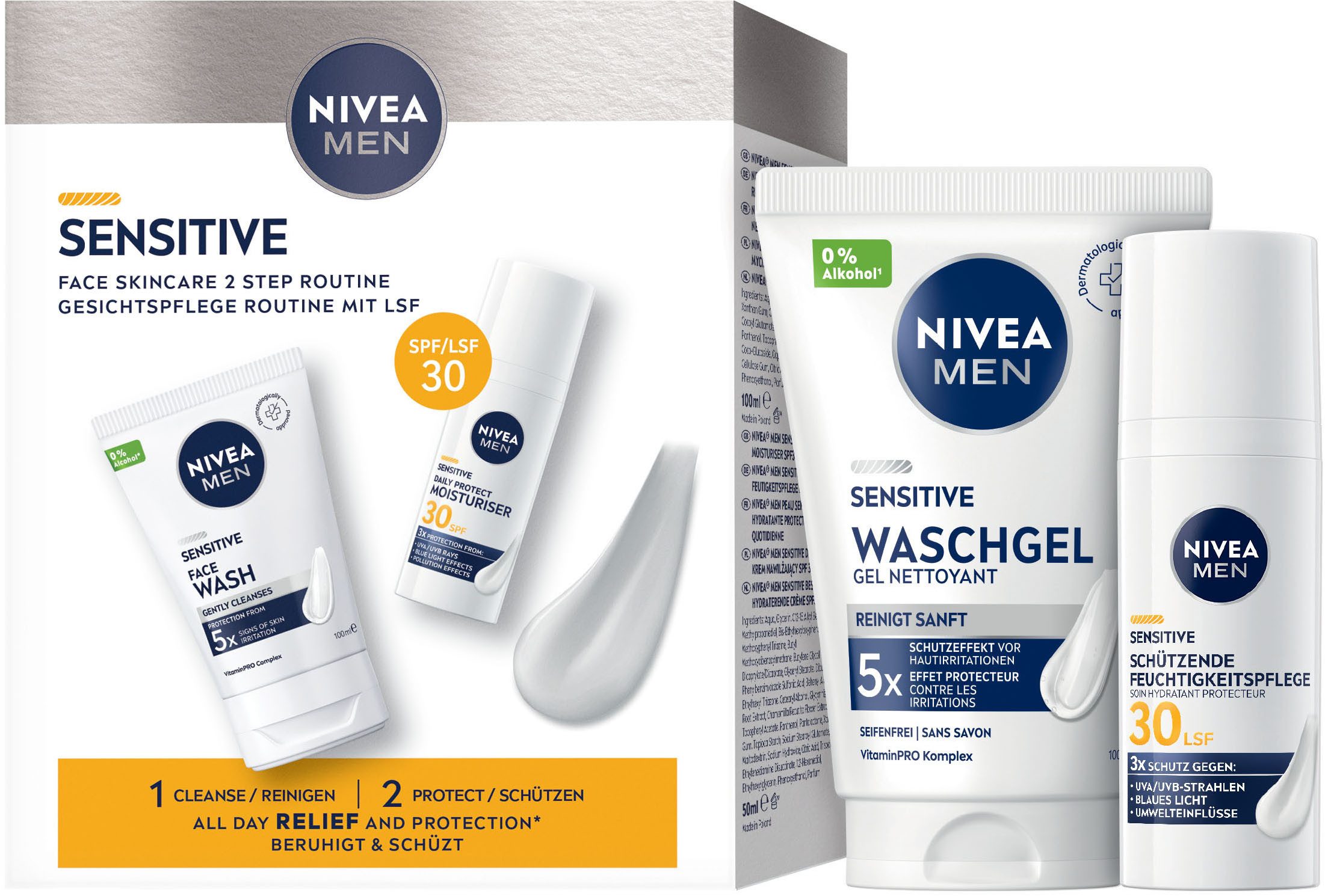 Nivea Men Gesichtspflege-Set NIVEA Men Sensitive Routine Set Set, 2-tlg., für empfindliche Haut, mit Creme als Textur, LSF 30