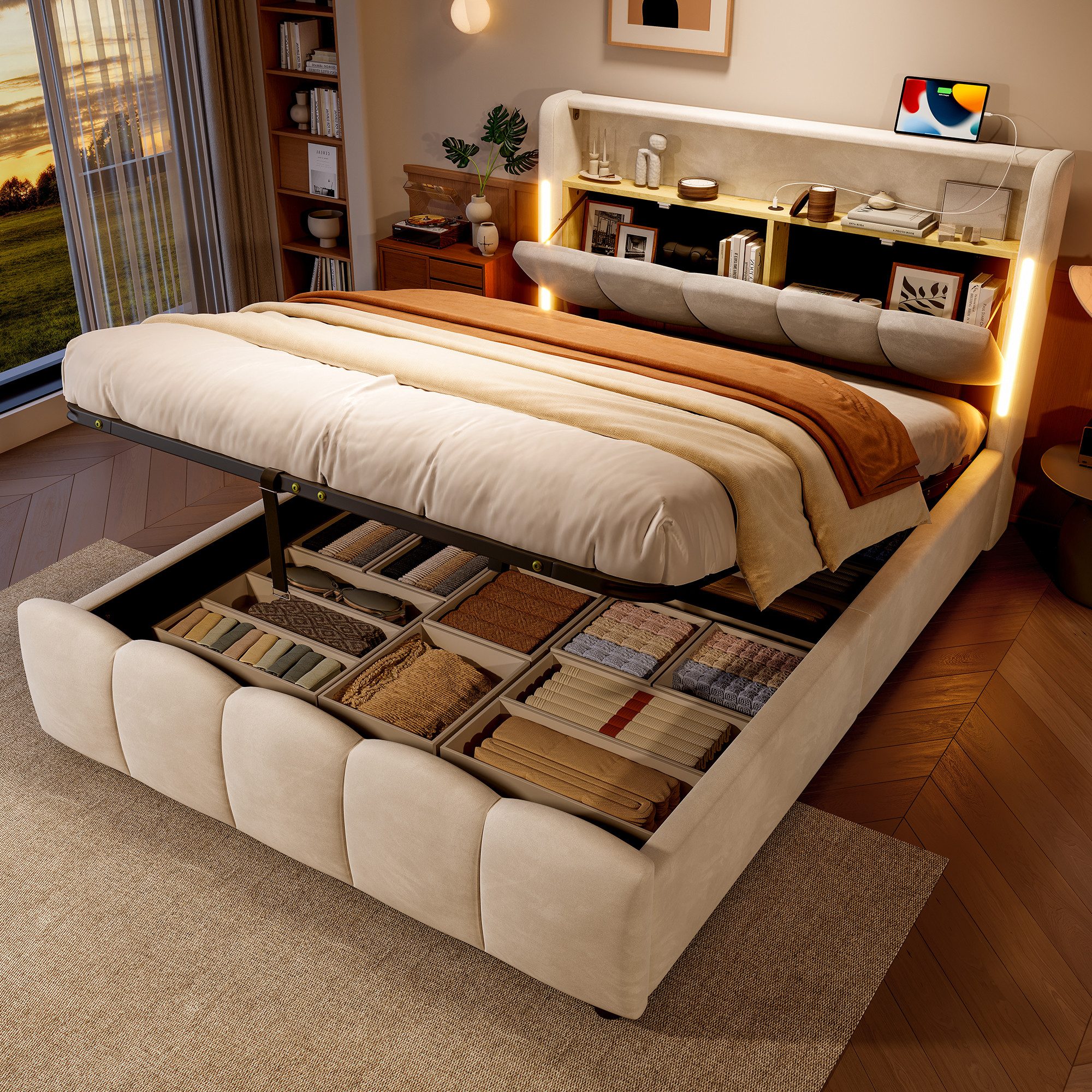 Merax Polsterbett (1-tlg), Hydraulisches Stauraumbett 140x200cm mit LED USB günstig online kaufen