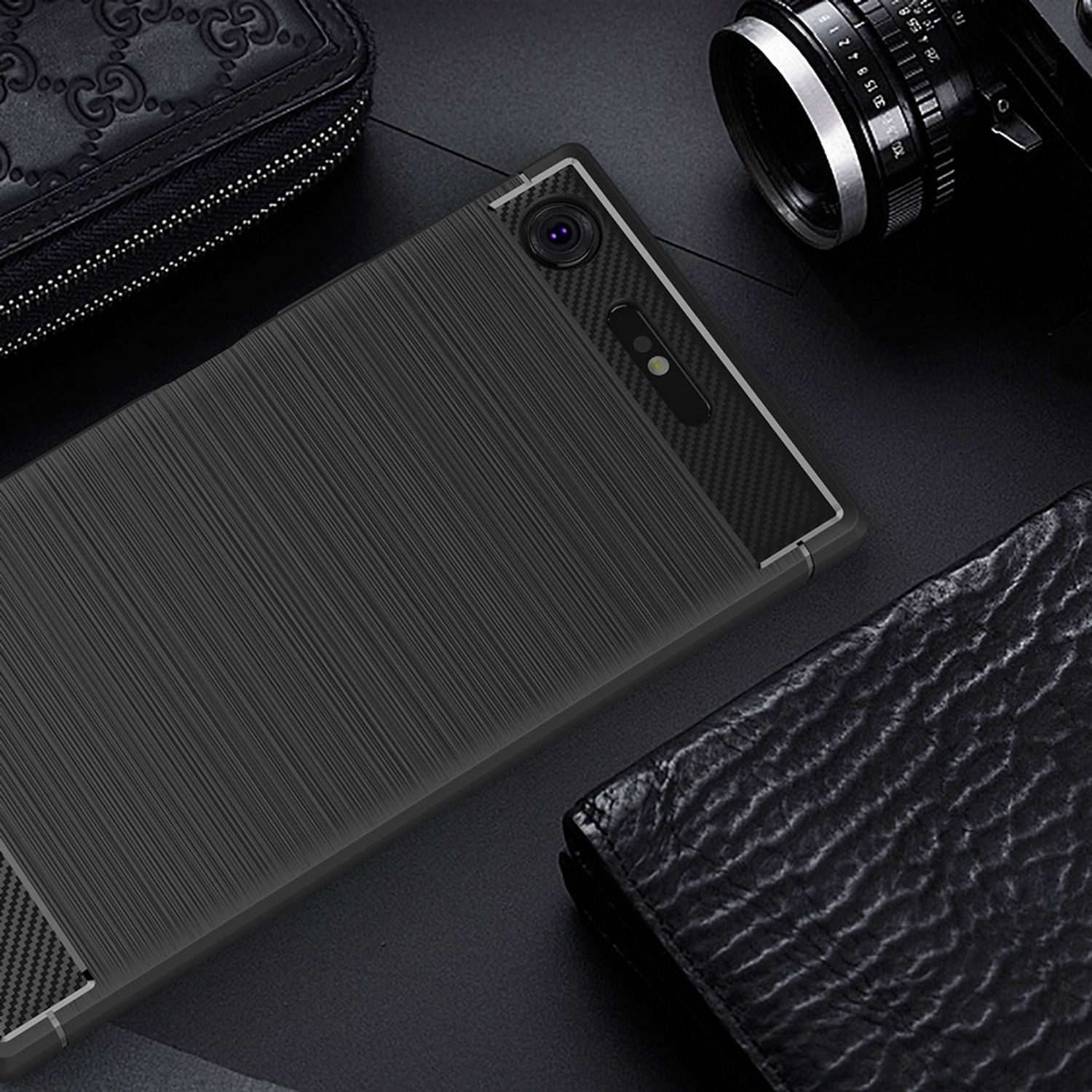 Nalia Smartphone-Hülle Sony Xperia XZ1 13,2 cm (5,2 Zoll), Carbon Look Silikon Hülle / Matt Schwarz / Rutschfest / Karbon Optik