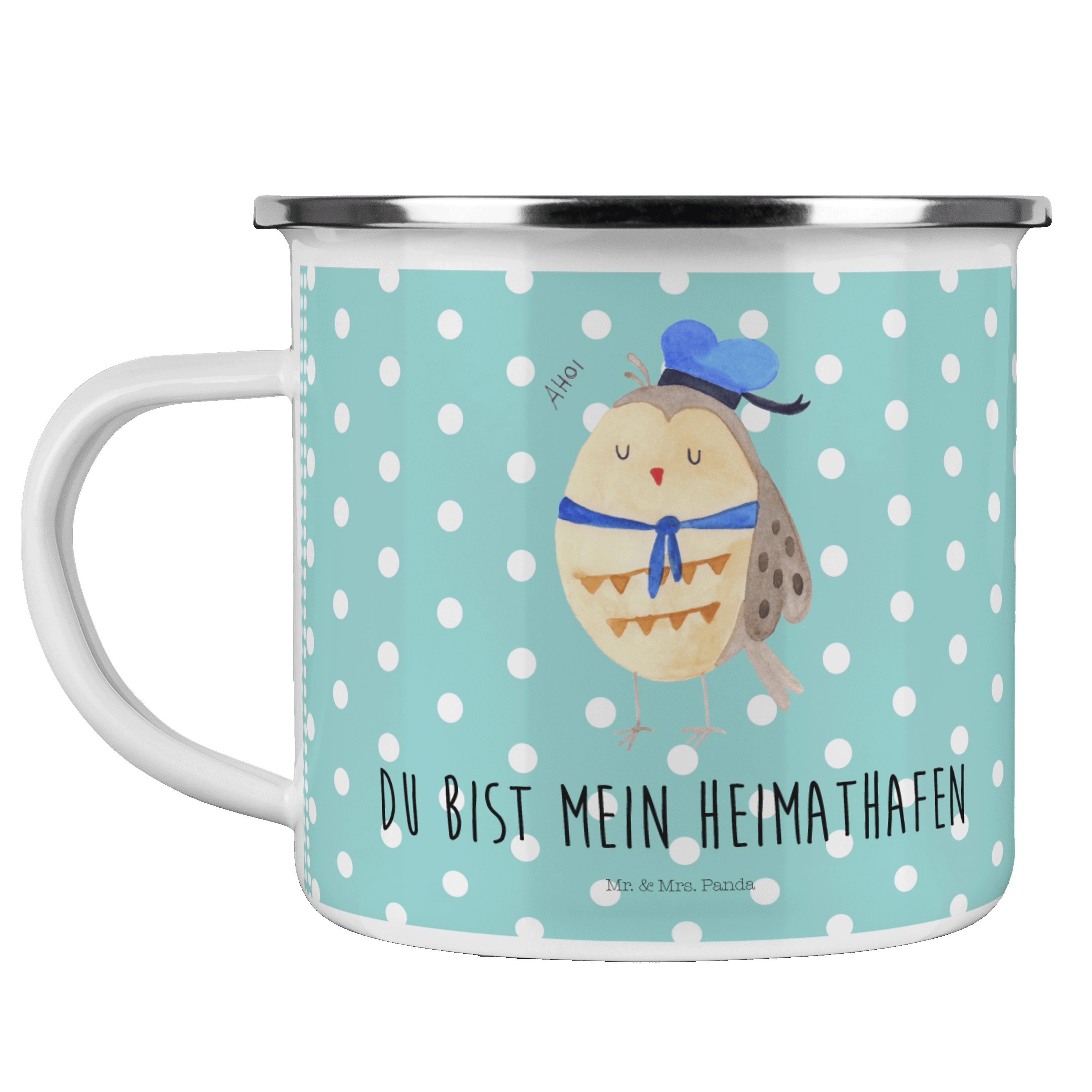 Mr. & Mrs. Panda Becher Türkis - Emaille Matrosen Camping Tasse Pastell Eule Metall, - Wort, Geschenk