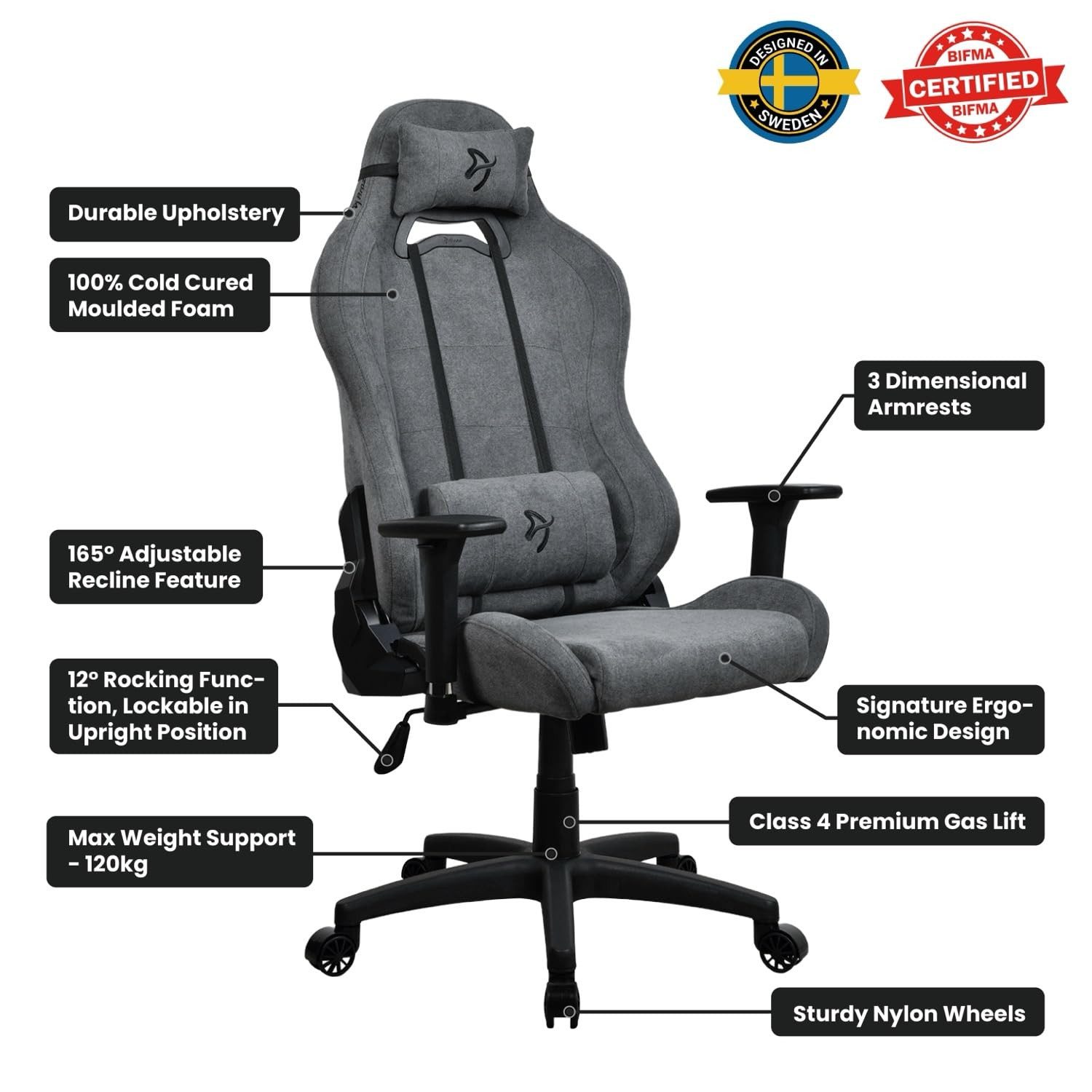 Arozzi Gaming Chair TORRETTA-SFB-ASH2, Soft Fabric Bezug, Wippfunktion, 3D-Armlehnen