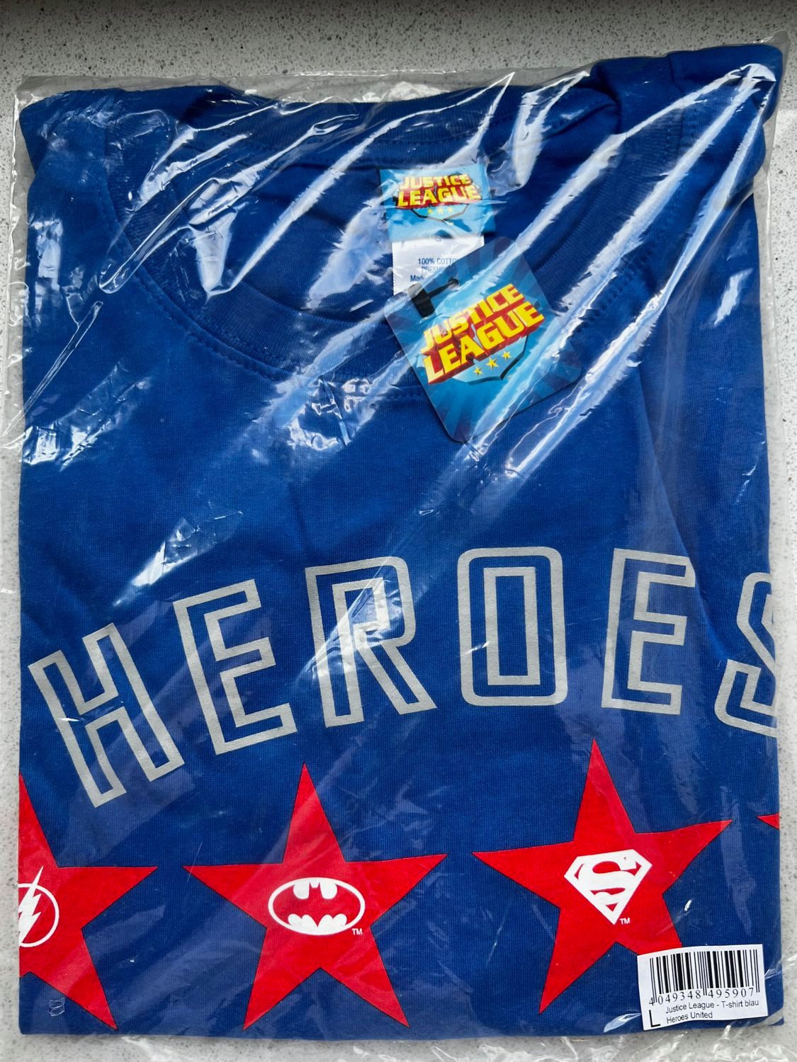 Justice League Print-Shirt HEROS UNITED T-Shirt Blau S M L Superhelden Batman Flash Superman